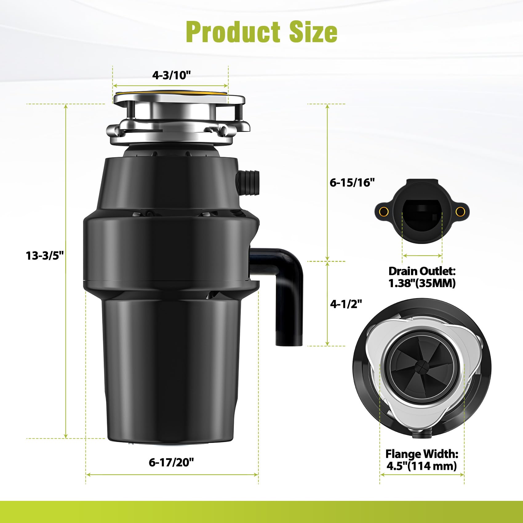 Triturador de basura CC de 3/4 HP silencioso (<60 dB) con cable y conexión para lavavajillas para fregadero de cocina, molienda de 6 etapas, 3 pernos, 2700 RPM, alimentación continua, acero inoxidable