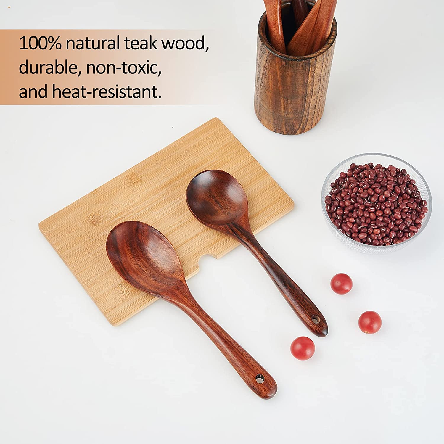 Holzutensilien-Set, 7 Stück, natürliche Teakholz-Löffel zum Kochen, Holzspatel und Löffel mit Halter