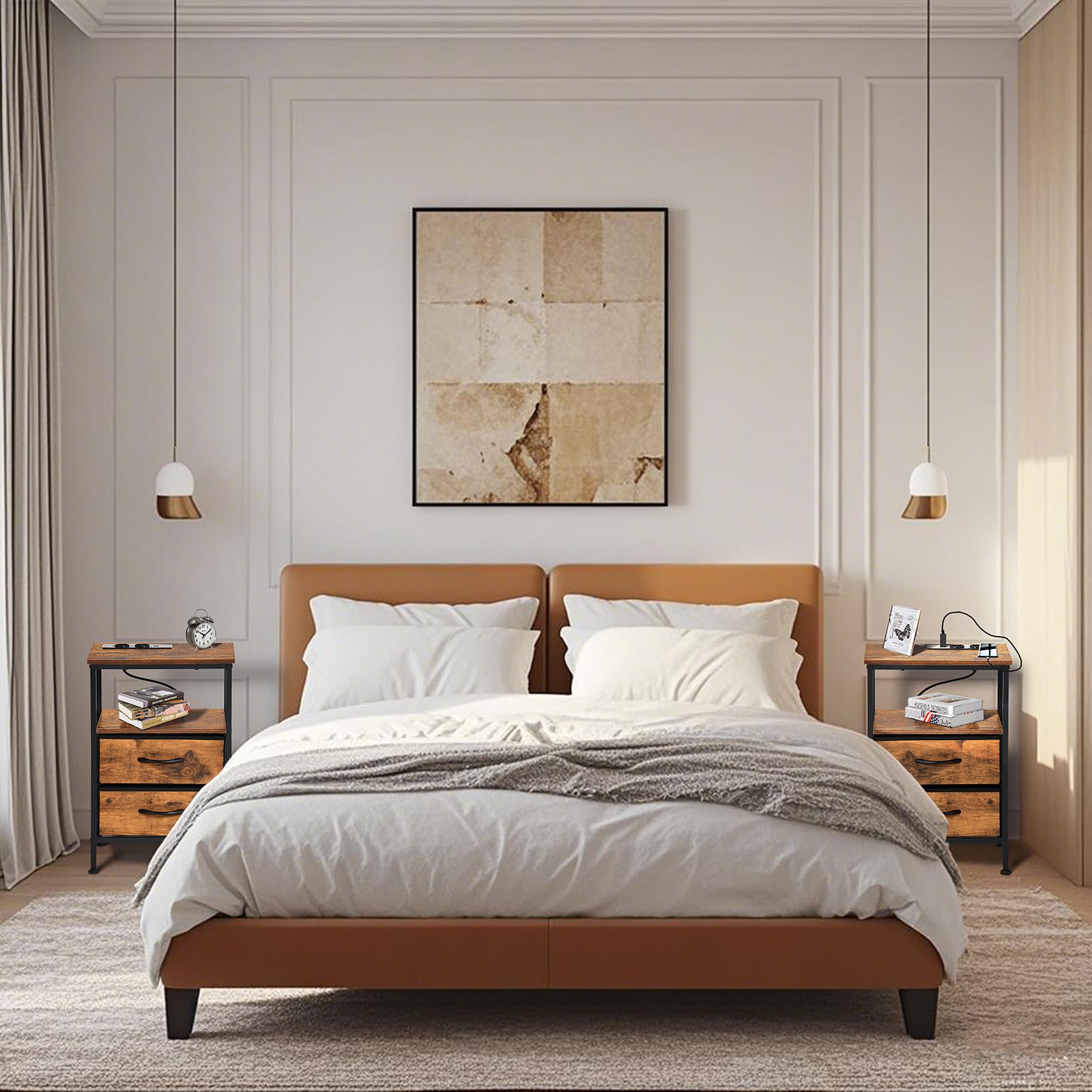 EGGREE Table de Chevet avec Station de Charge USB et Tiroirs en Tissu, Étagère,avec Ports USB et Prises de Courant, pour Chambre, Hôtel, Appartement, Petits Espaces. Marron Vintage