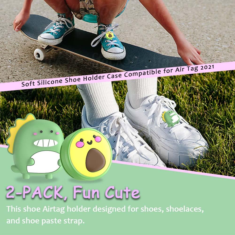 [2Pcs] BIQIRE Kids Air Tag Holder for Shoes, Cute Cartoon Hidden Air Tag Holder for Kids Waterproof Silicone AirTag Case for Children Shoelaces & Straps (Avocado & Dinosaur)