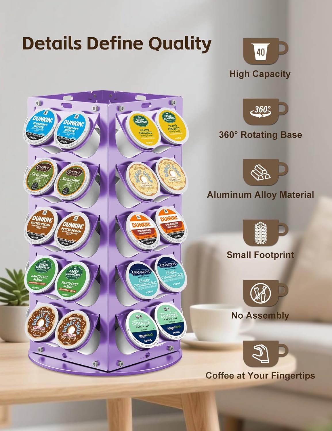 K Cup Holder, Coffee Pod Holder for Keurig - 360° Rotating Aluminum Coffee Organizer for Countertop,Saving Design with Anti-Slip Base for Kitchen or Office,Capacity of 40 Pods,Purple