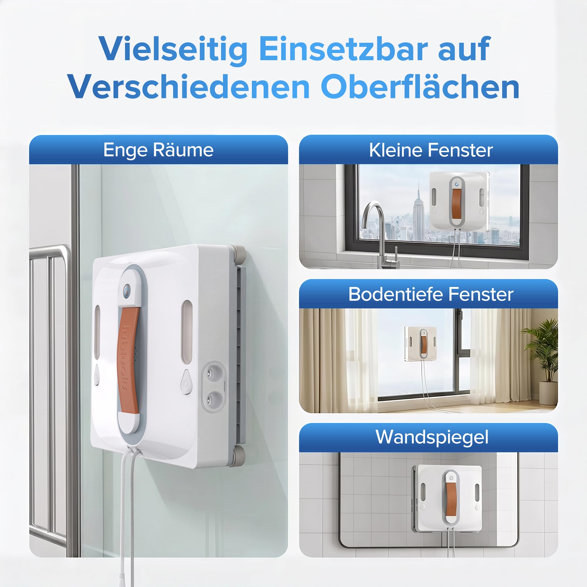 Lubluelu Fensterputzroboter mit KI-Navigation, 8 kPa Saugkraft, Dual-Sprühsystem, 80 ml Wassertank, 8-faches Sicherheitssystem, intelligente Routenplanung für Fenster, Spiegel & Fliesen (Weiß)