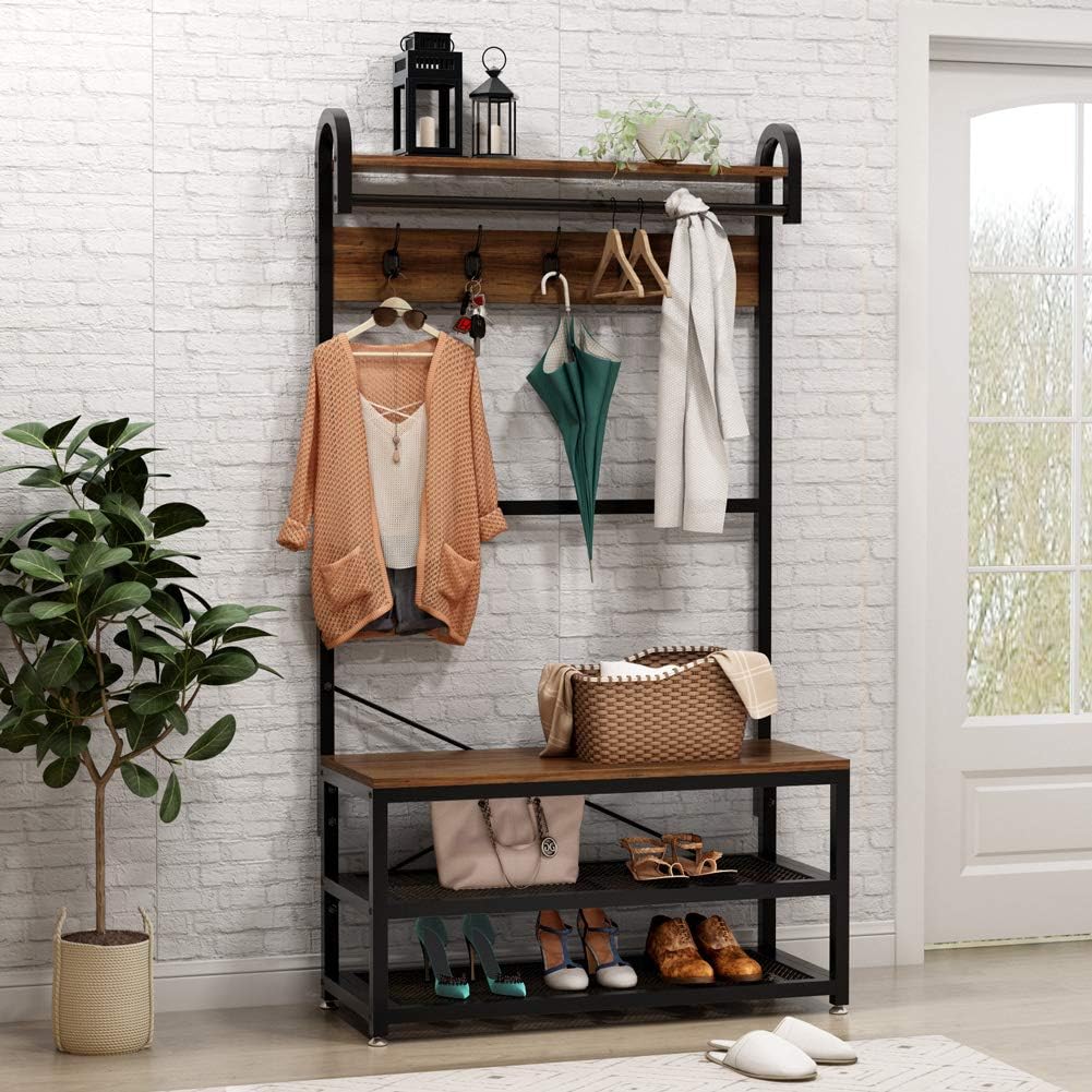 Tribesigns Vintage 4 in 1 Hall Tree with Storage Bench, 3-Tier Industrial Entryway Bench with Coat Rack and Hanging Bar, Coat Rack Stand with Shoe Rack, Storage Shelf and 5 Hooks (Rustic)