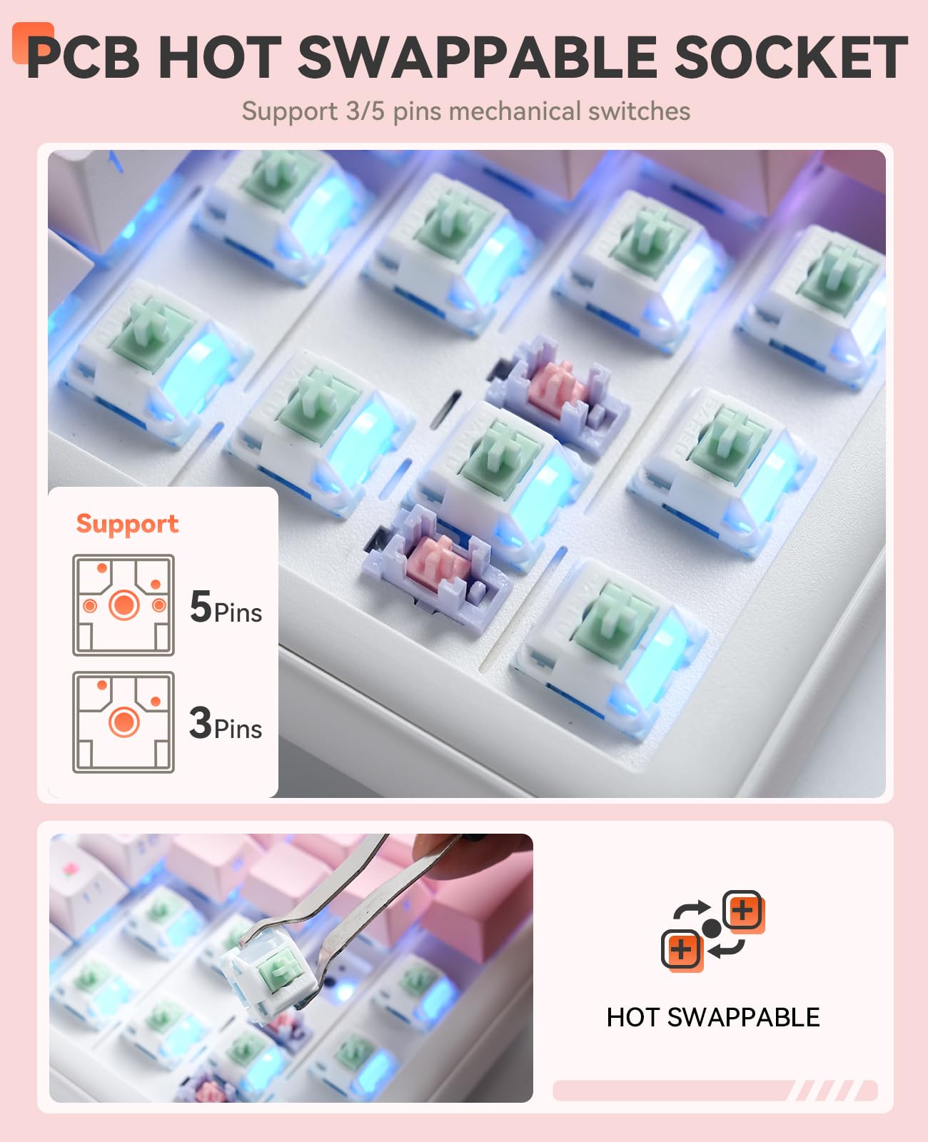 DAREU EK98PRO Sakura Pink Klawiatura mechaniczna, trzy tryby pracy BT/2,4 GHz/USB-C, wstępnie nasmarowane przełączniki liniowe, konstrukcja uszczelnkowa, podświetlenie RGB dla systemów Windows/Mac