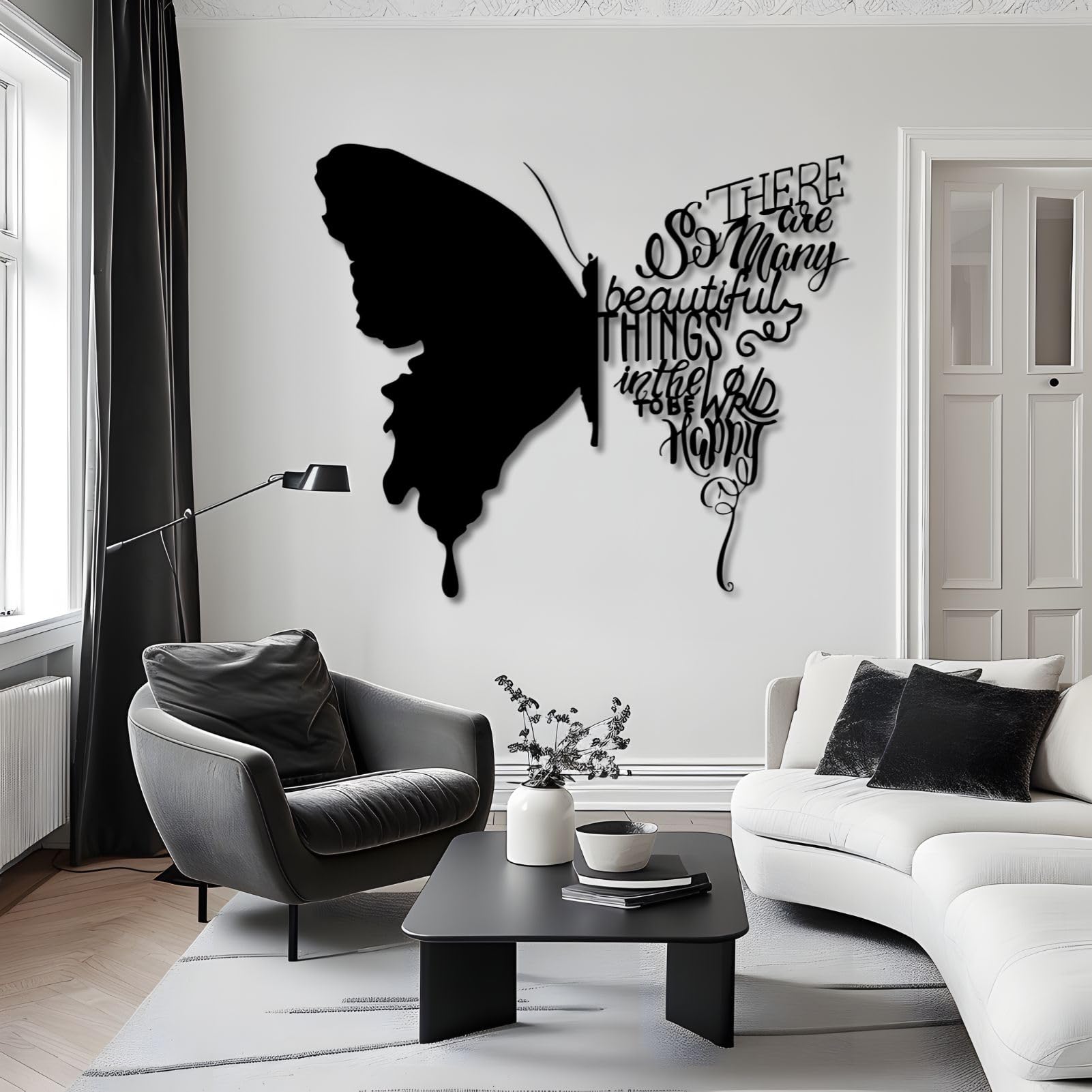 Metalowa sztuka ścienna, dekoracja ścienna, inspirujący motyl, dekoracja motyla, motywacyjna do salonu (srebrna, 48 cm szer. x 40 cm wys. / 47 x 40 cm)