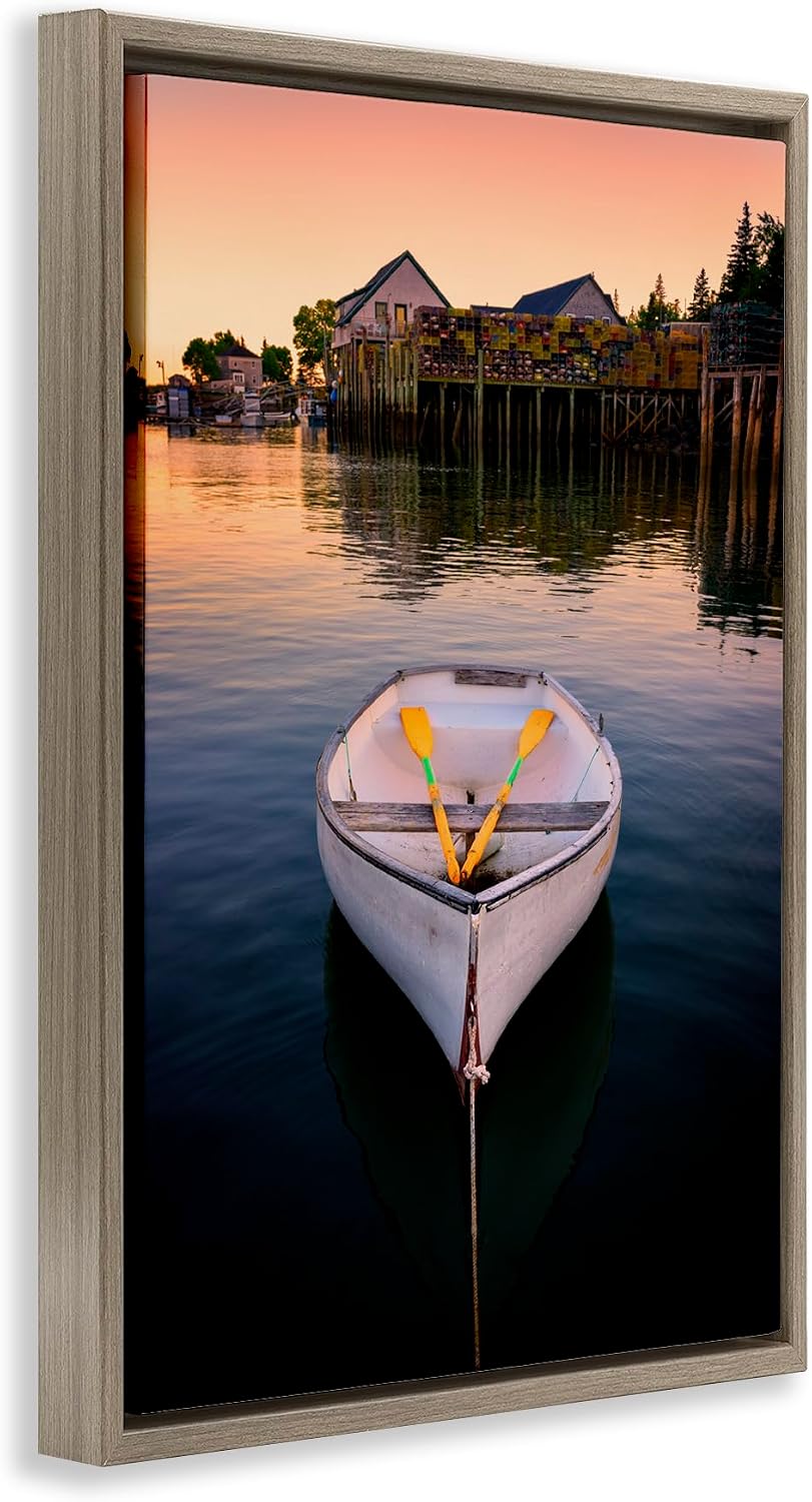 Stupell Industries 'Docked Rowboat with Oars'| Floating Frame Canvas Art | Stupell Industries | Brown, 17 x 25 Inches, Easy to Hang and Sturdy, Made in USA, by Rick Berk