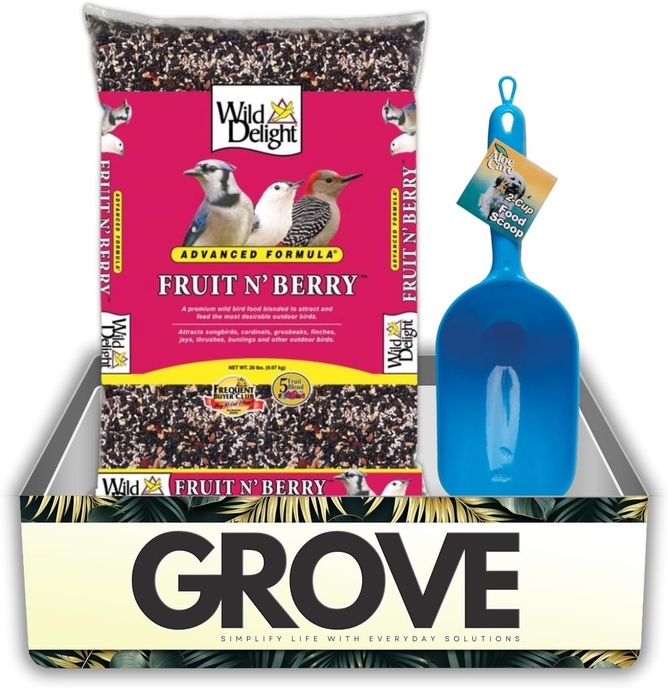 GROVE Wild Delight Fruit N Berry Assorted Species Sunflower Seeds Wild Bird Food 20 lb Bundle with Pet Food Scoop – Nutritious Birdseed Blend for Birds– Gift Set (2 Items)