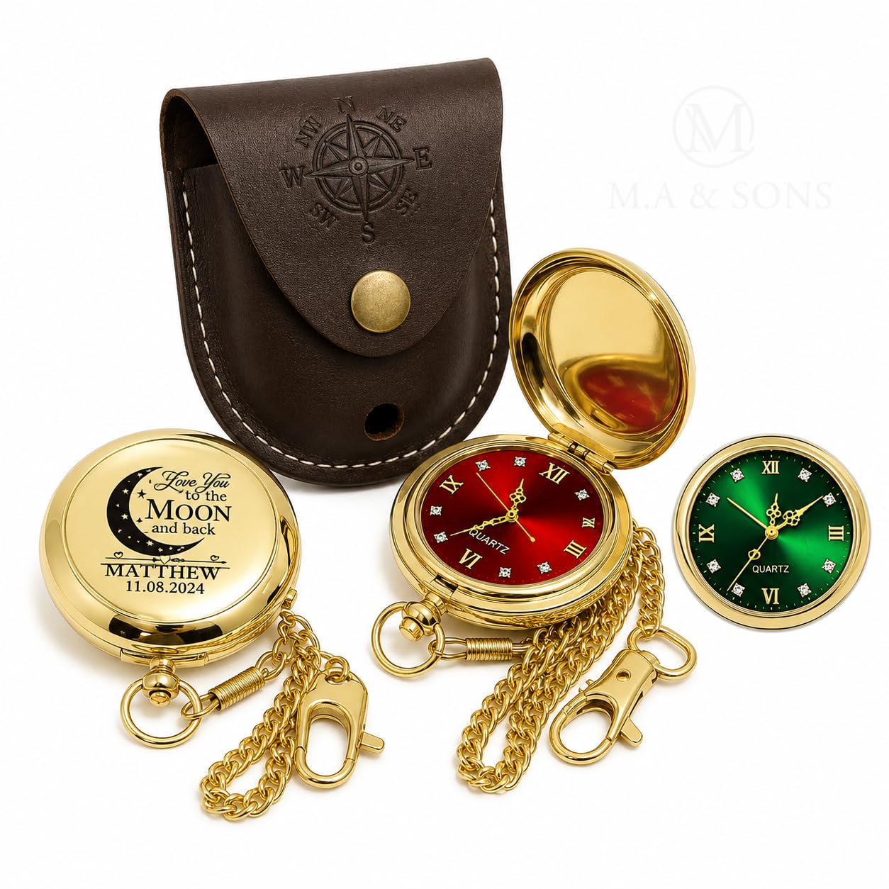 M.A & SONS Custom Pocket Watch for Men – Brass Gold Tone, 2" Quartz, Roman Numerals, Push-Button | Brown Leather Case | Top & Back Engraving | Select Red or Green Dial | Handmade Keepsake-image-44
