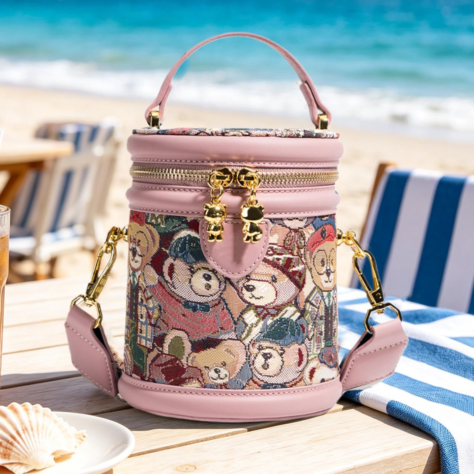 Generisch Compact Kleine Bucket, Bag PU Leder, Verstellbar Retro-Bär,