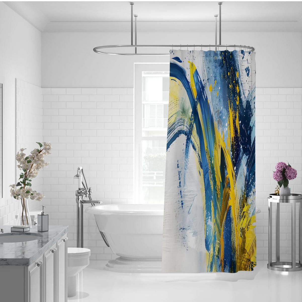 Rideau de Douche expressionniste Abstrait Jaune Bleu W200xL200 cm