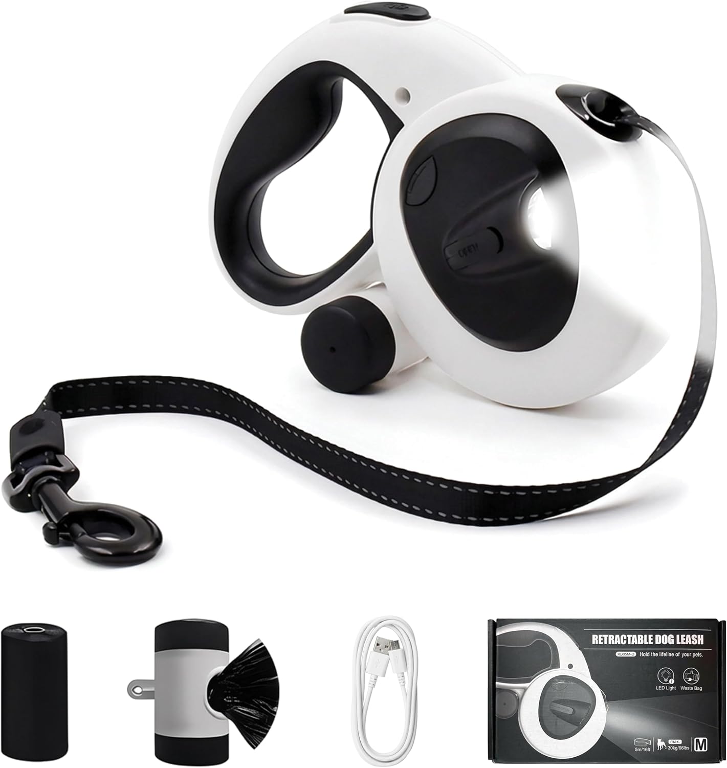 16Ft Retractable Dog Leash with LED Light, Heavy Duty Dog Leash for Small, Medium & Large Dogs Up to 66lbs, 360° Tangle-Free, Dispenser and Poop Bags