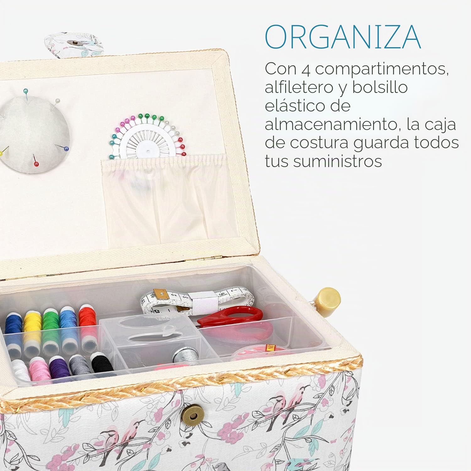 Navaris Costurero de Madera con 76 Accesorios - Caja de Costura Forrada en Tela de pájaros con 4 Compartimentos - Organizador con alfiletero Agujas