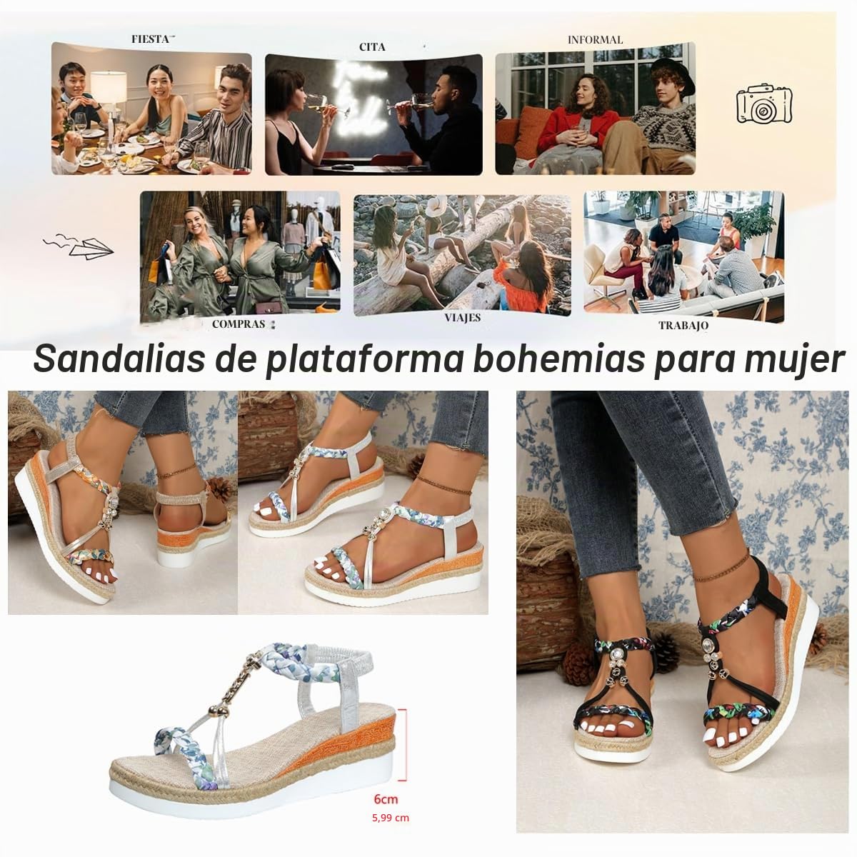 Sandalias de cuña bohemias para mujer, sandalias de plataforma informales de ancho ancho, ortopédicas, cómodas, para caminar, puntera abierta, sin cordones, correa al tobillo, zapatos elegantes de