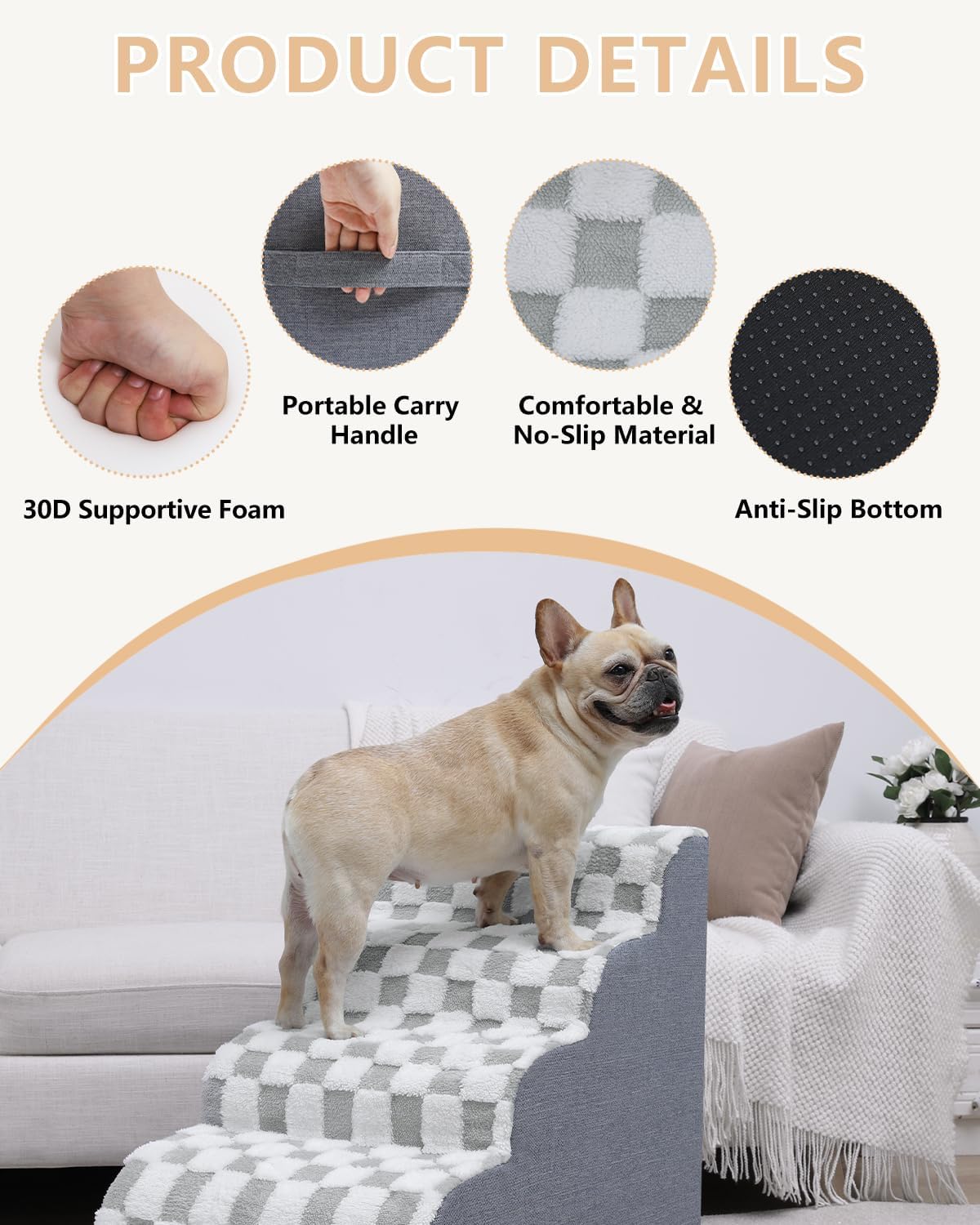 KSIIA Dog Stairs Curved Dog Steps for Bed 5-Tier Pet Stairs Supportive Pet Steps for High Beds Couch Sofa Chair with Removable Washable Cover & Non-Slip Bottom, 33" D x 16" W x 22" H, Grey