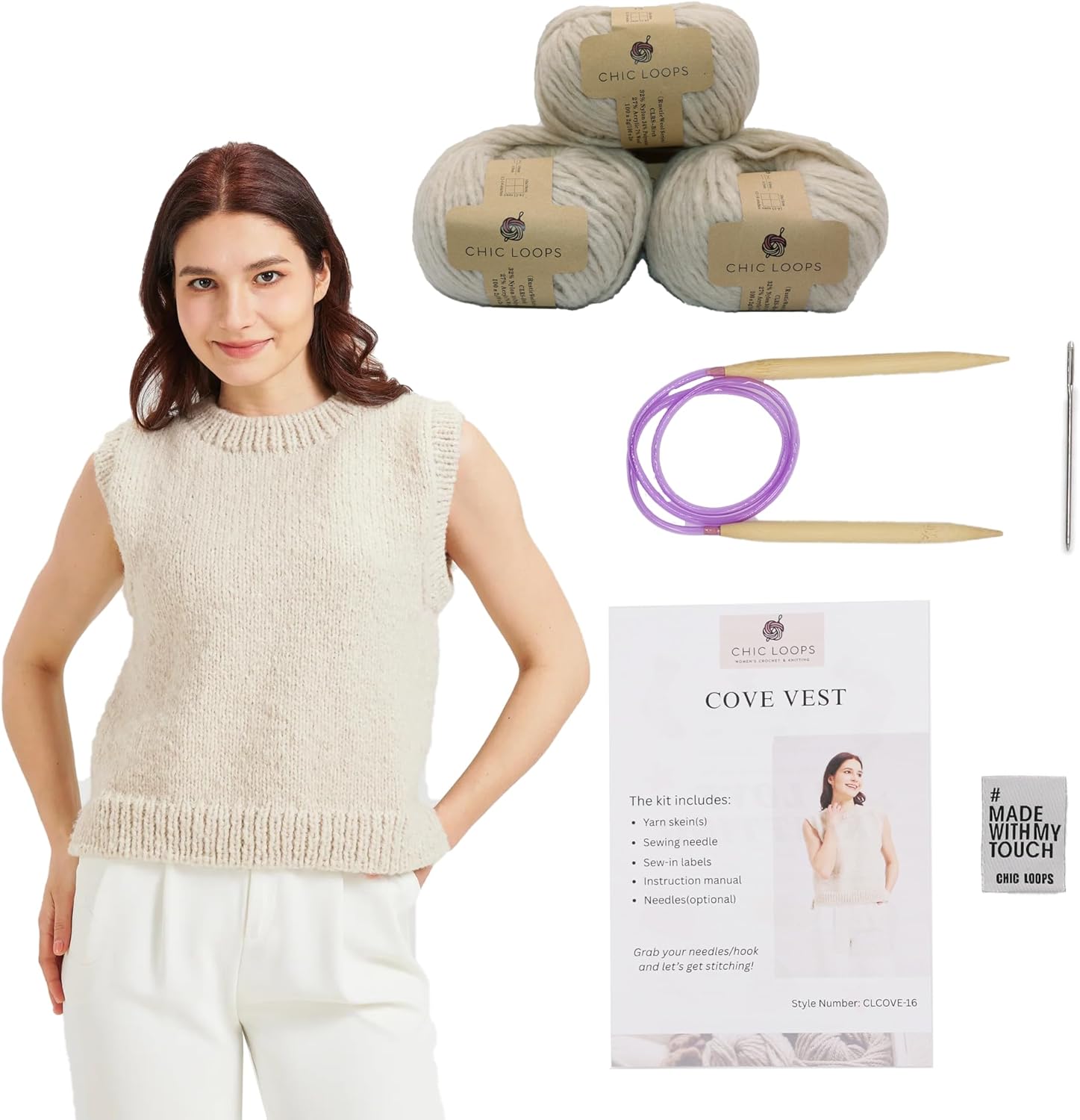 Chic Loops Knitting Kit for Beginners, Knitted Sweater Beginner Crochet Kit for Adults, Crochet Women's Round Neck Sleeveless Pullover Vest with Instruction(Birch,SA)