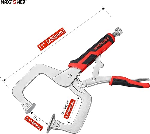 Miniatura 2 de MAXPOWER Juego de abrazaderas de bloqueo en C de 11 pulgadas, 2 unidades de abrazadera de cara metálica con almohadillas giratorias planas grandes,