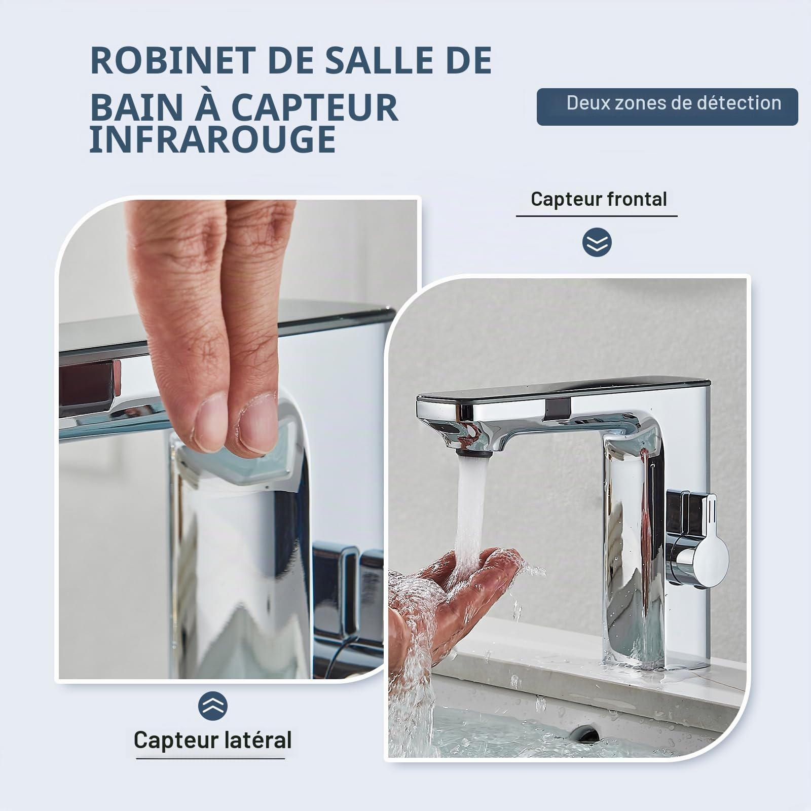 Robinet à capteur infrarouge pour salle de bain chrome, mitigeur de salle de bain à capteur automatique, affichage numérique, écran chaud/froid mitigeur lavabo