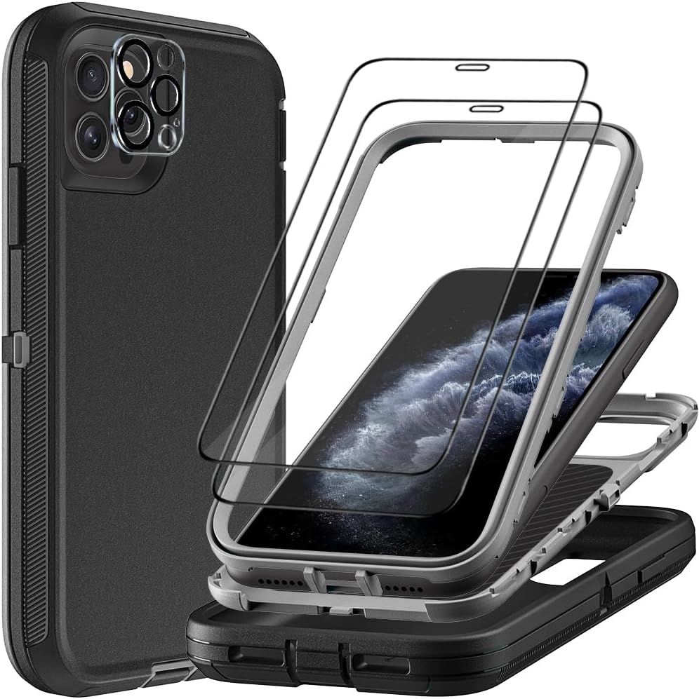 for iPhone 11 Pro Case with 2Pcs Tempered Glass Screen Protector and 1Pcs Camera Lens Protector, Military Grade 3 in 1 Heavy Duty Shockproof/Drop Proof/Dust Proof Case (Black/Grey)