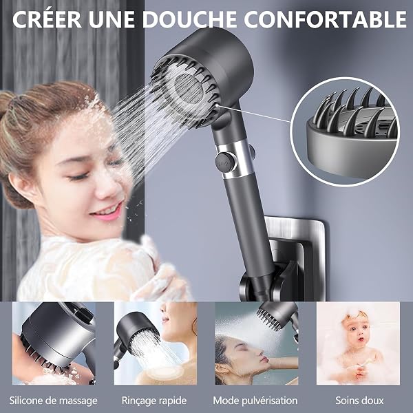 Pommeau de Duche Haute Pression,Pommeau Douche Economie Deau 4 Types de Jets Pommeau de Douche Anti Calcaire avec Tuyau Douche 1.5M et Support de Douche, avec Bouton D'arrêt D'eau,Gris - 3
