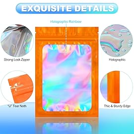100 Pieces Smell Proof Mylar Bags- Resealable Holographic Packaging Pouch Bag with Clear Window for Food Storage Eyelash Jewelry Electronics Storage (Orange, 4 x 6 Inch)