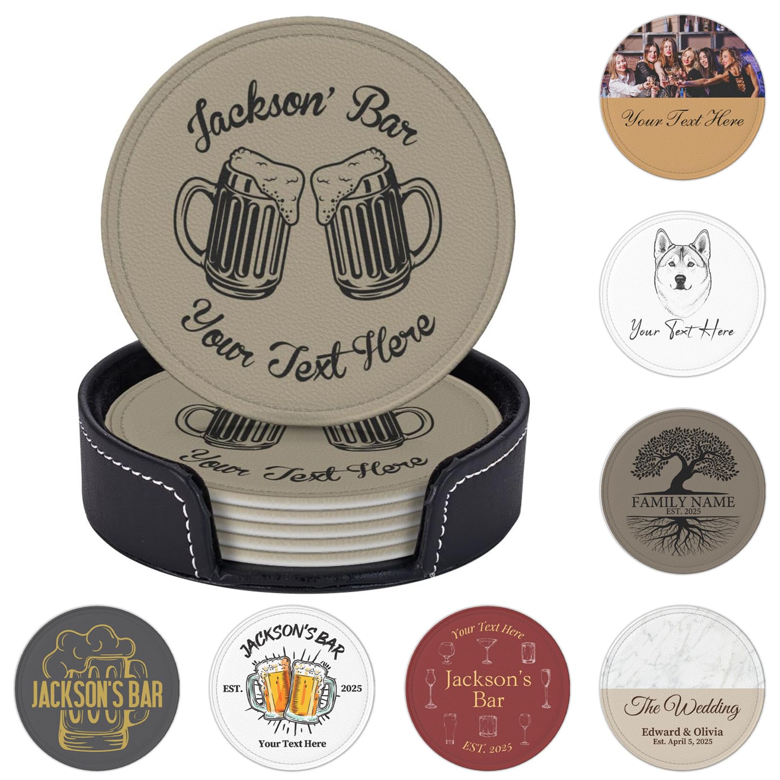 Personalised Coasters Set of 6 Personalised Beer Mats for Home Pub, Personalized PU Leather Coasters with Text Custom Non-Slip Drink Coaster Cup Holder for Bar Coffee Kitchen Home Office