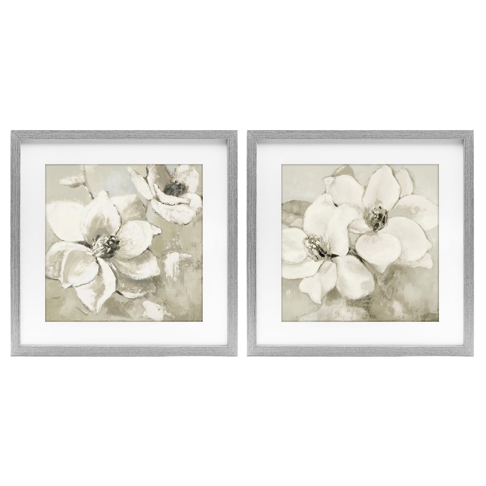Stupell Industries 'Beige Magnolias after Rain', 2pc Framed Print Under Glass Set, Gray, 16 x 16, Ready to Hang Picture Décor, USA Made, By Artist Lanie Loreth