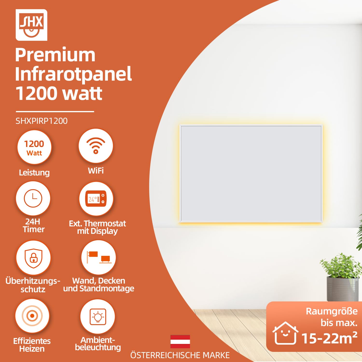 SHX Calefacción por infrarrojos premium con WIFI 1200 W, 15-22 m², montaje en techo o pared, dispositivo de pie, iluminación ambiental regulable, mando a distancia, detección de ventanas, pantalla LED
