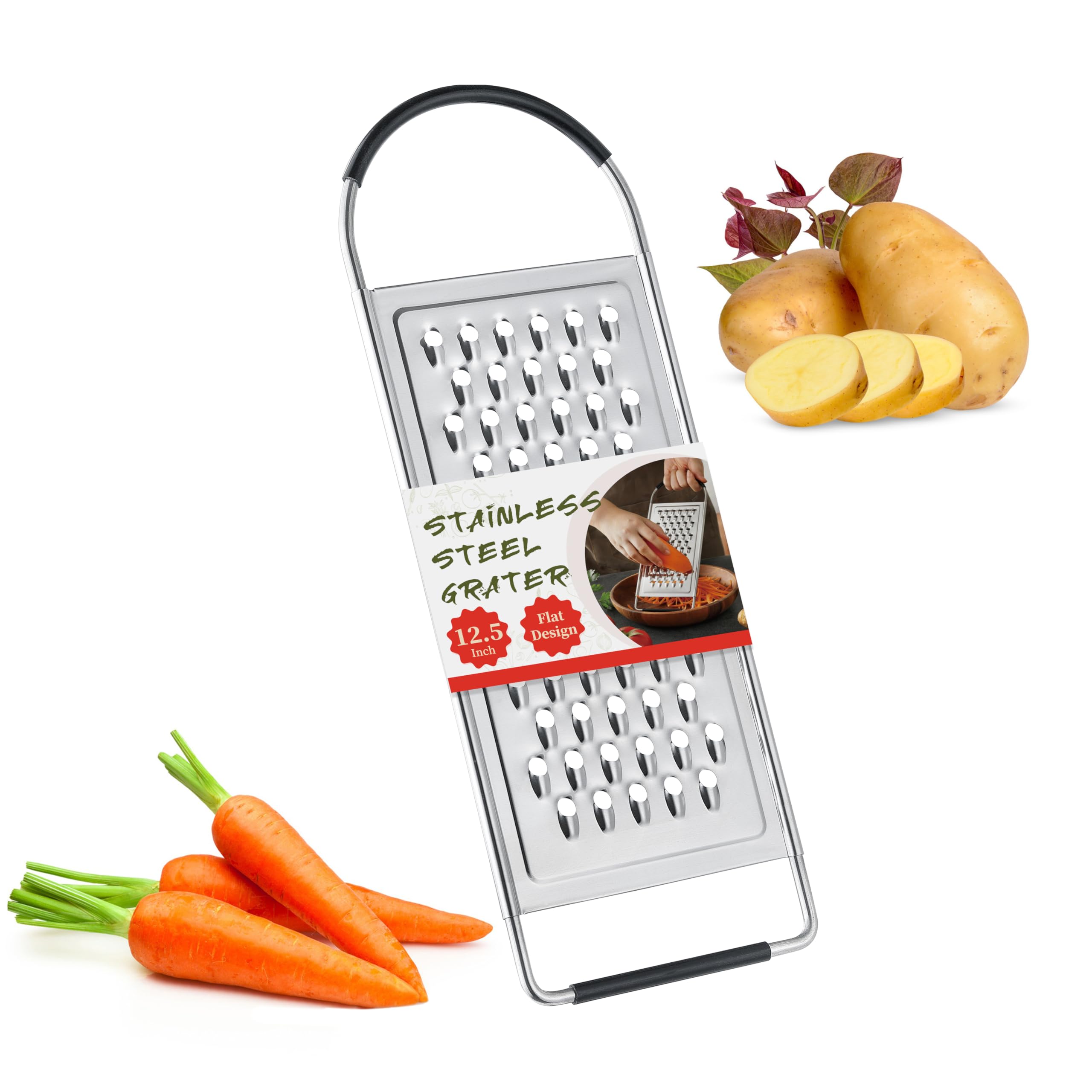 Cheese Grater Handheld, HIA Flat Coarse Stainless Steel Graters for Kitchen, Food Grater with Anti-Slip Handle, Perfect for Potato, Vegetable, Butter, Parmesan Cheese