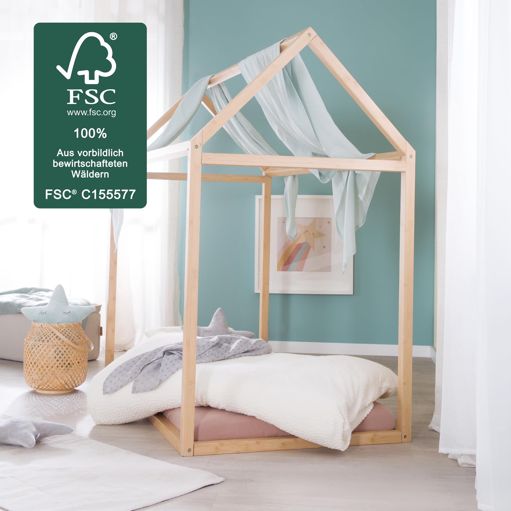 roba Hausbett Montessori 70 x 140 cm - Kinderbett aus FSC zertifiziertem Massivholz - Bambus natur