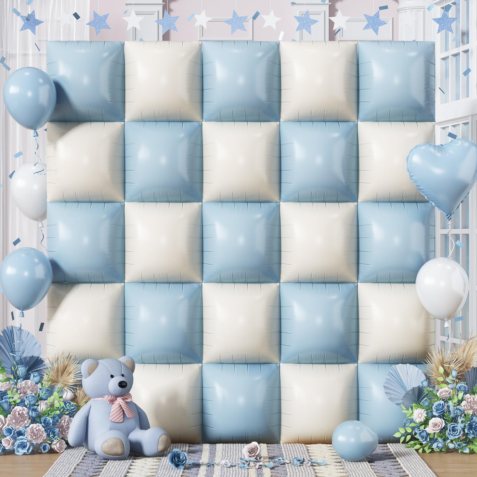 Baby Blue White Square Foil Balloons Wall, 25PCS Dusty Blue and Pastel Cream Square Balloons Backdrop, Double Sided Tunnel Arch Background for Boho Baby Shower Boys Men Birthdays Wedding Bridal