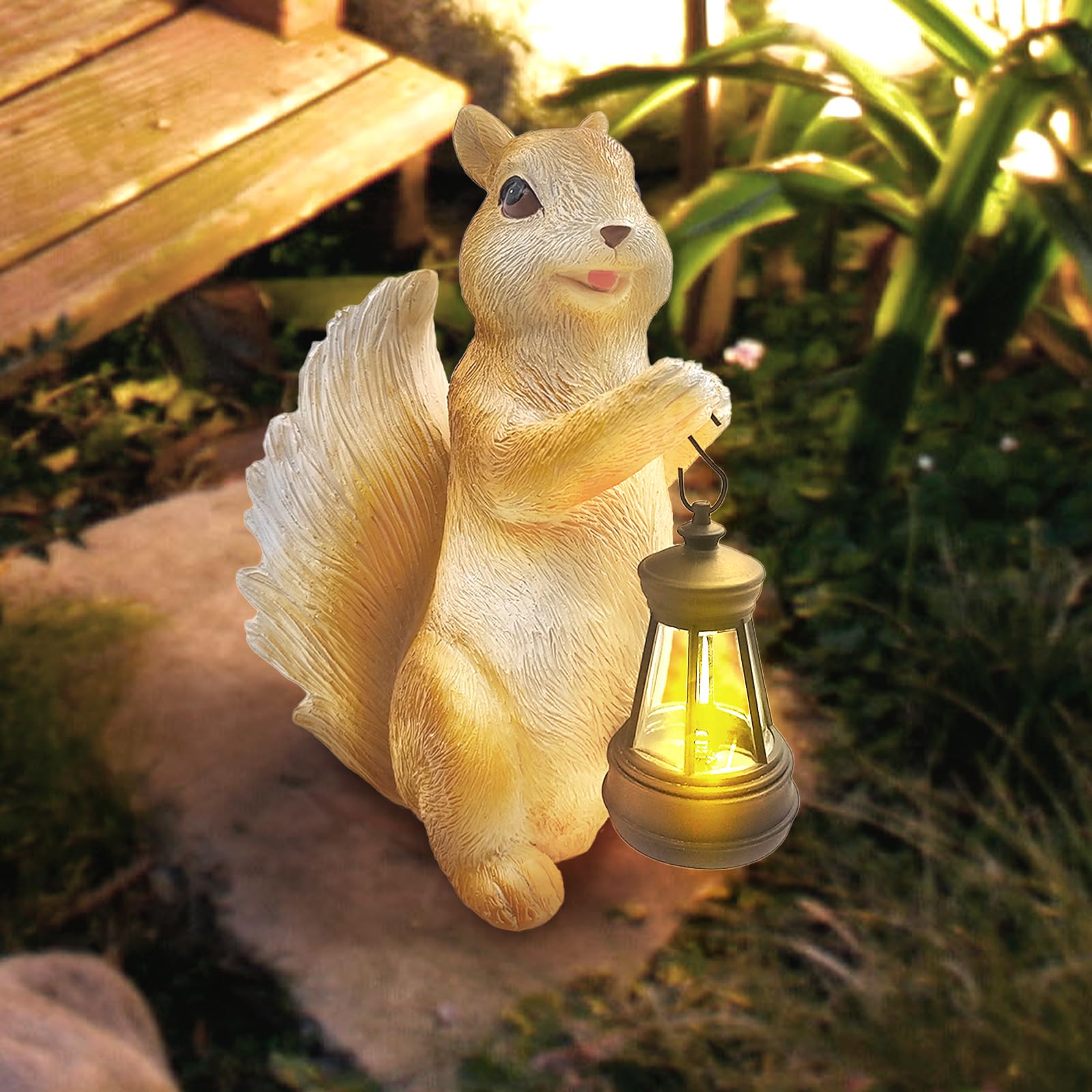 lifemet Estatua de jardín de ardilla solar, animales decoración de jardín estatuas al aire libre, decoraciones de luz de patio de resina, adornos al aire libre