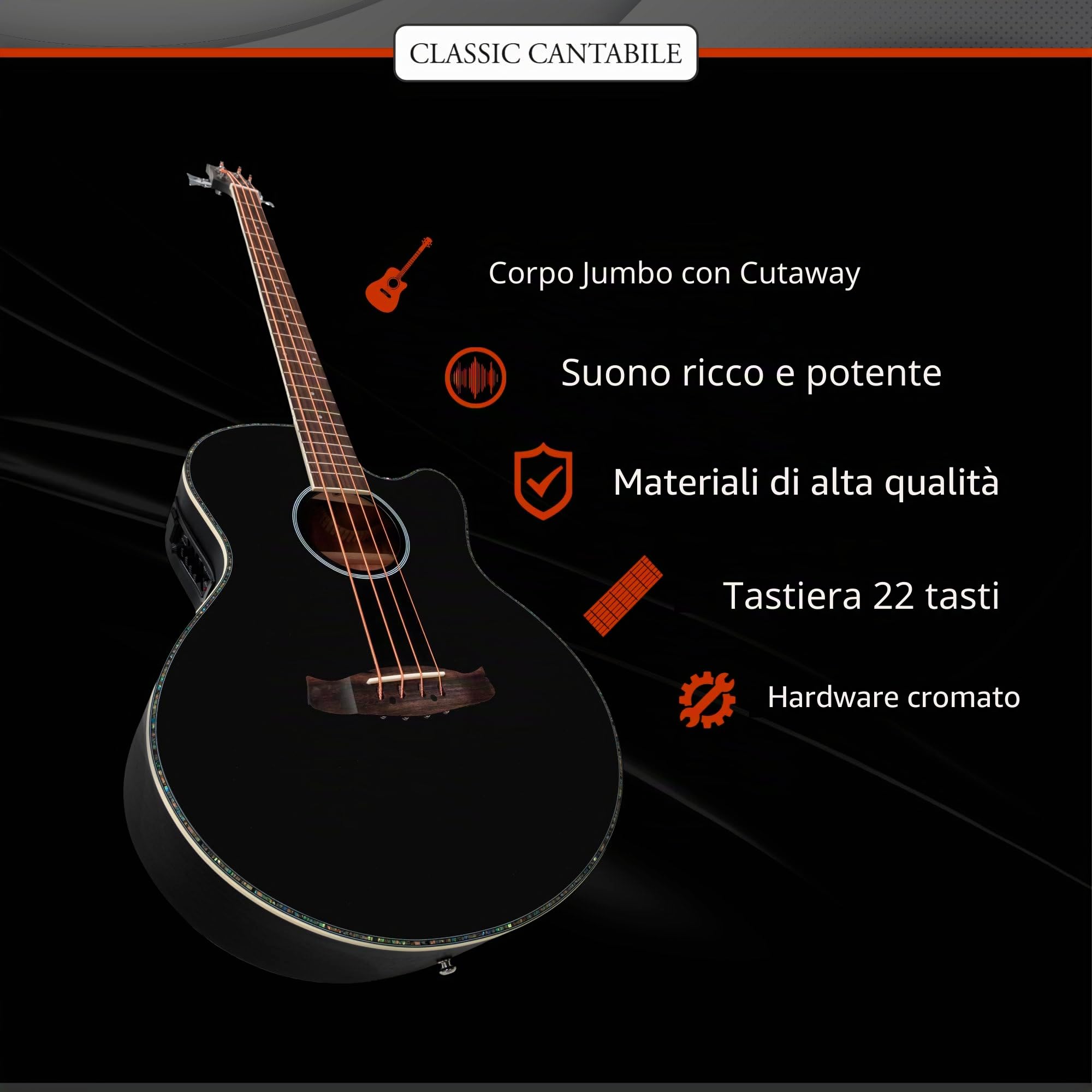 Classic Cantabile ABJ4-50CE-BK Jumbo Basso Acustico Black, Allgemein | Modell: ABJ4-50CE-BK, Gewicht: 2, 3 kg, Anzahl Saiten: 4, Orientierung: Rechtshänder, Korpus, Korpusform: Jumbo mit Cutaway