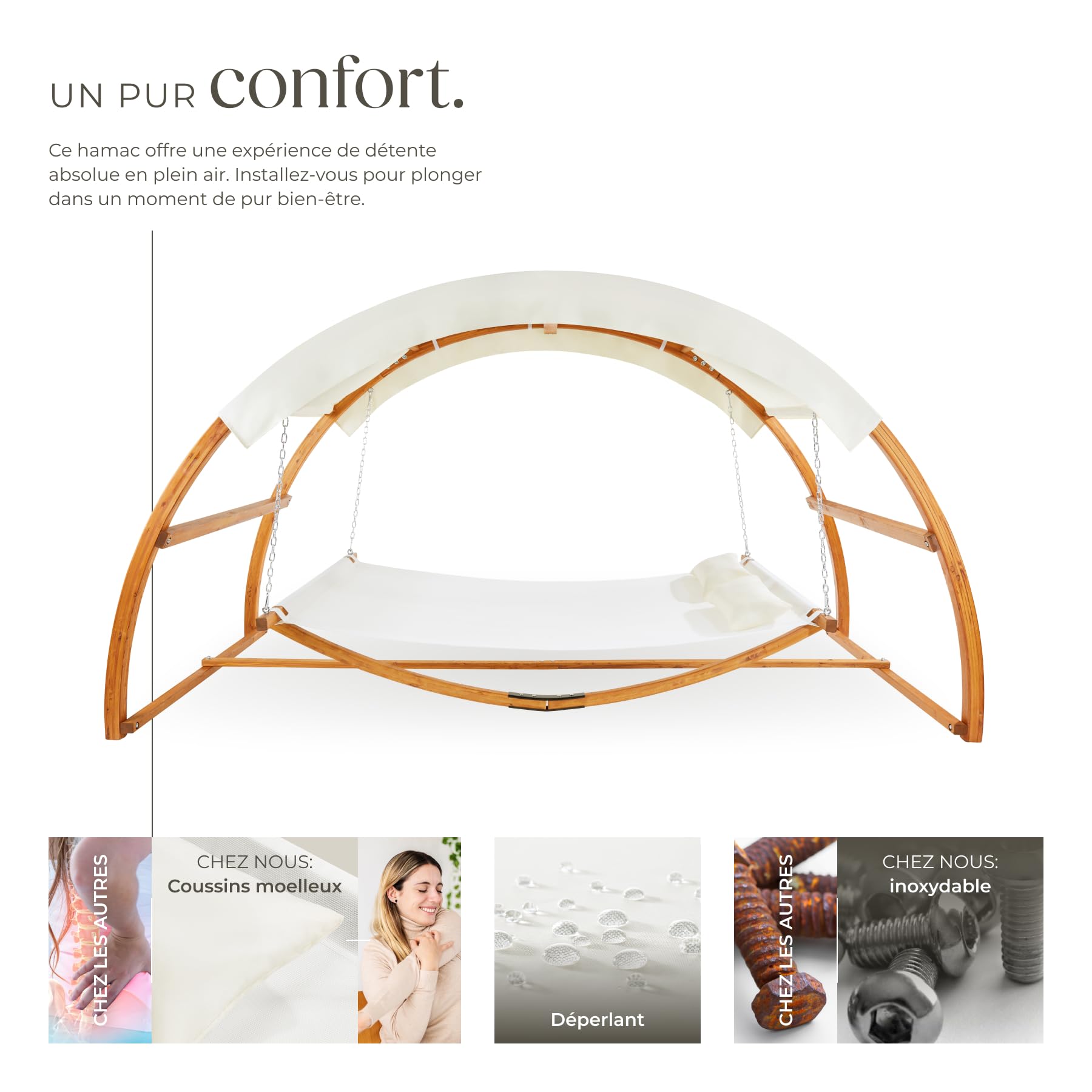 tectake® Hamac sur Pied XXL Hamac 2 Places Coton avec Toit & Support en Bois 328 x 160 x 171,5 cm, Supporte jusqu'à 250 kg, Couchage 202 x 138 cm, Coussins Inclus pour Terrasse Exterieur Piscine