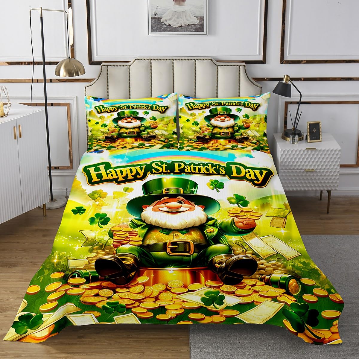 jejeloiu St. Patrick's Day Bedspread 3Pcs Queen Size Kids Gold Coins Coverlet Set for Boys Girls Irish Quilted Coverlet,Microfiber