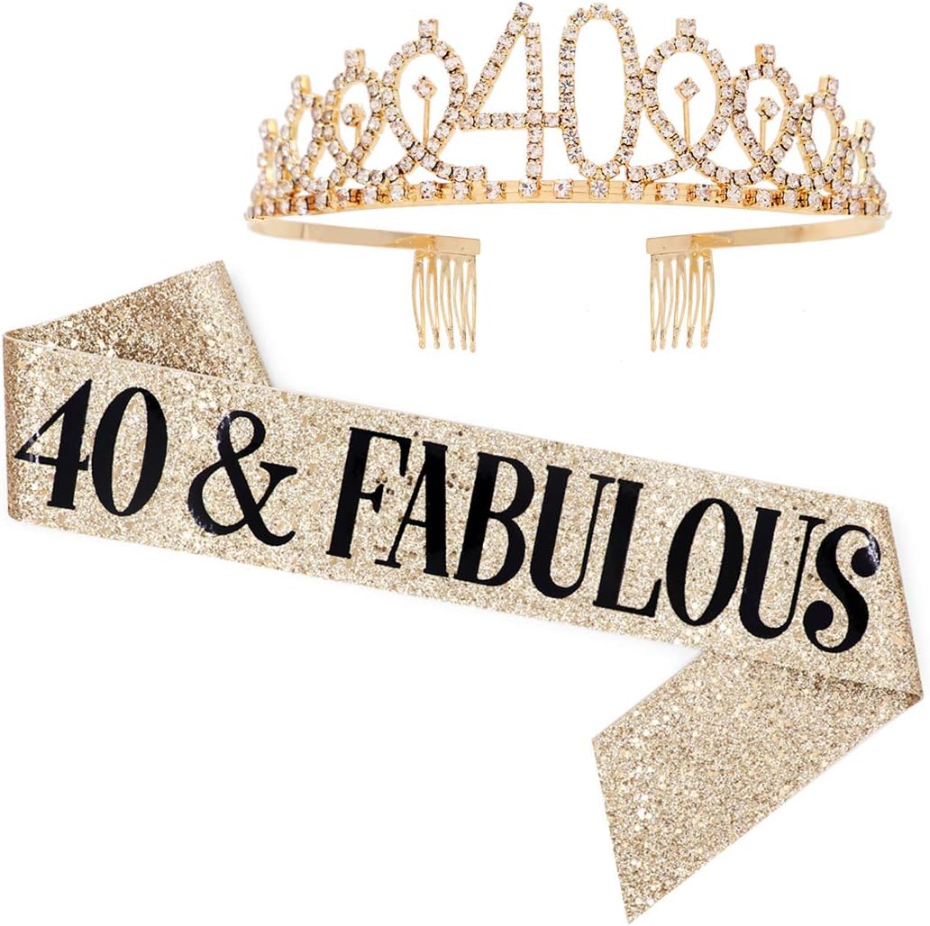 40 and Fabulous Sash & Rhinestone Tiara Set - 40th Birthday Gifts Birthday Sash for Women Birthday Party Supplies (Gold Glitter with Black Lettering)