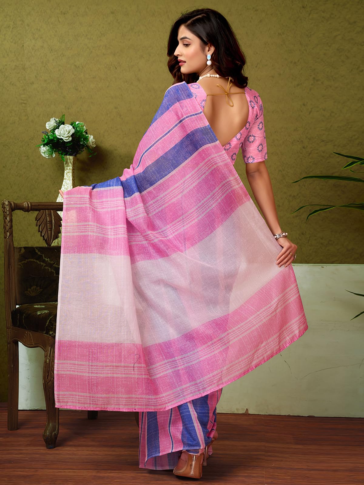 Satrani Women's Chanderi Cotton Printed Ready To Wear One Minute Pre Pleated Readymade Saree With Unstitched Blouse Piece (32Rs292N_Pink & Blue)