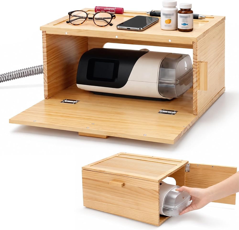 CPAP Storage Box with Dual Magnetic Doors, Pine Wood Nightstand Organizer — 사진 1