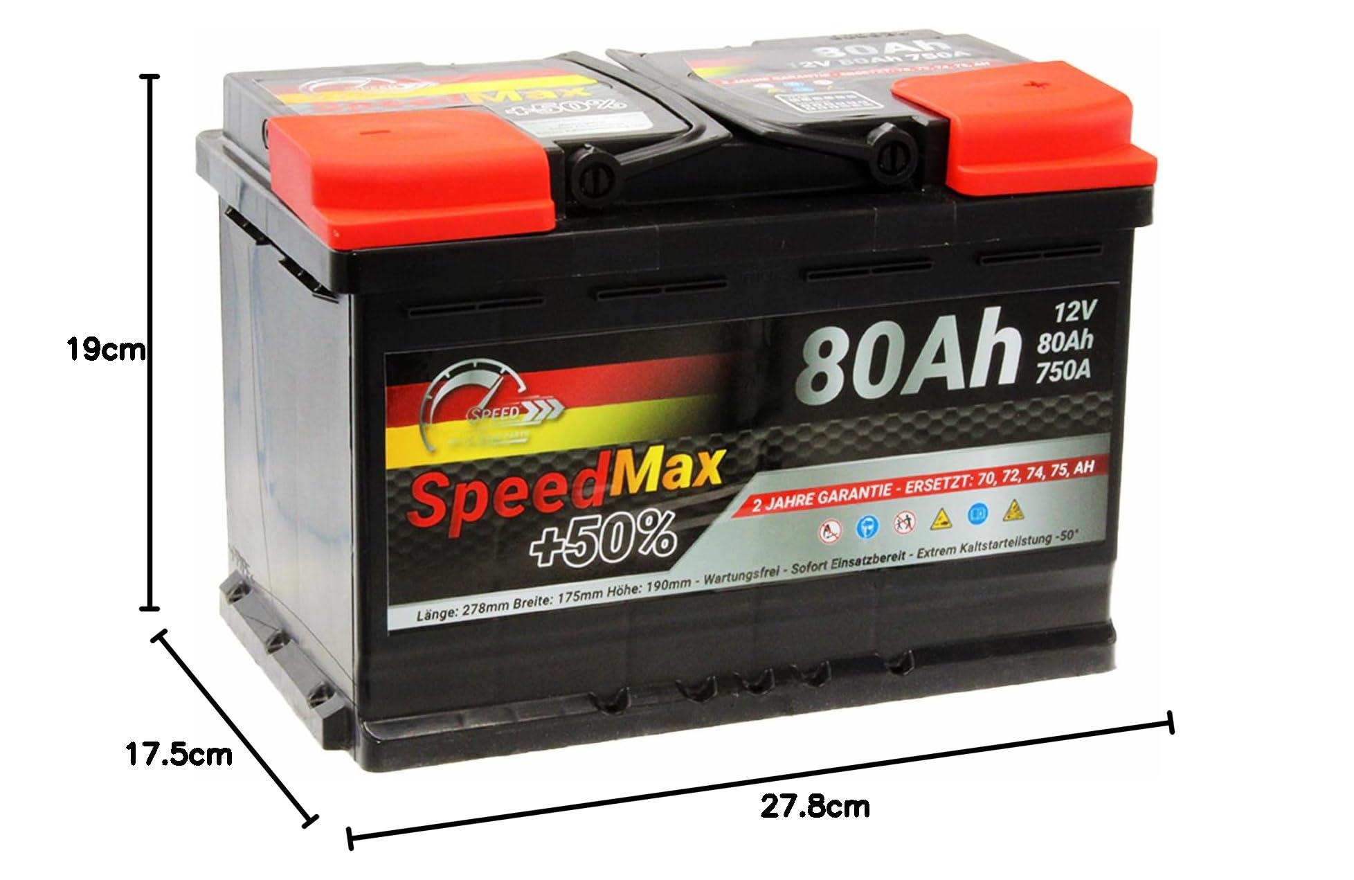 Batterie de voiture SpeedMax 80Ah 750A 12v L3 Puissance maximale, longue durée de vie, tailles L0 à L6 et également pour véhicules utilitaires et camions 80 Ah 75Ah Aucun entretien requis