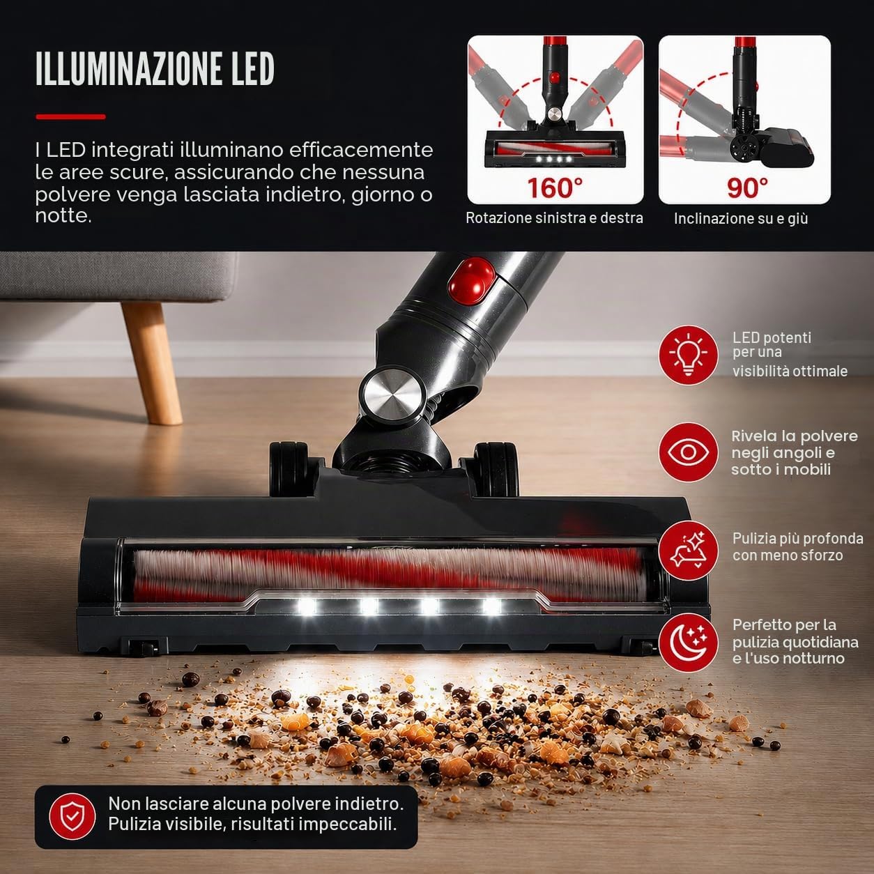 Aspirapolvere Senza Fili Estensibile 4-in-1 Scopa Elettrica Senza Filo LED/Filtro HEPA/2 Velocità /49Mins Autonomia,Aspirapolvere Anti-groviglio,Ultraleggero,per Tappeti,Pavimenti,Peli animali(Rosso)