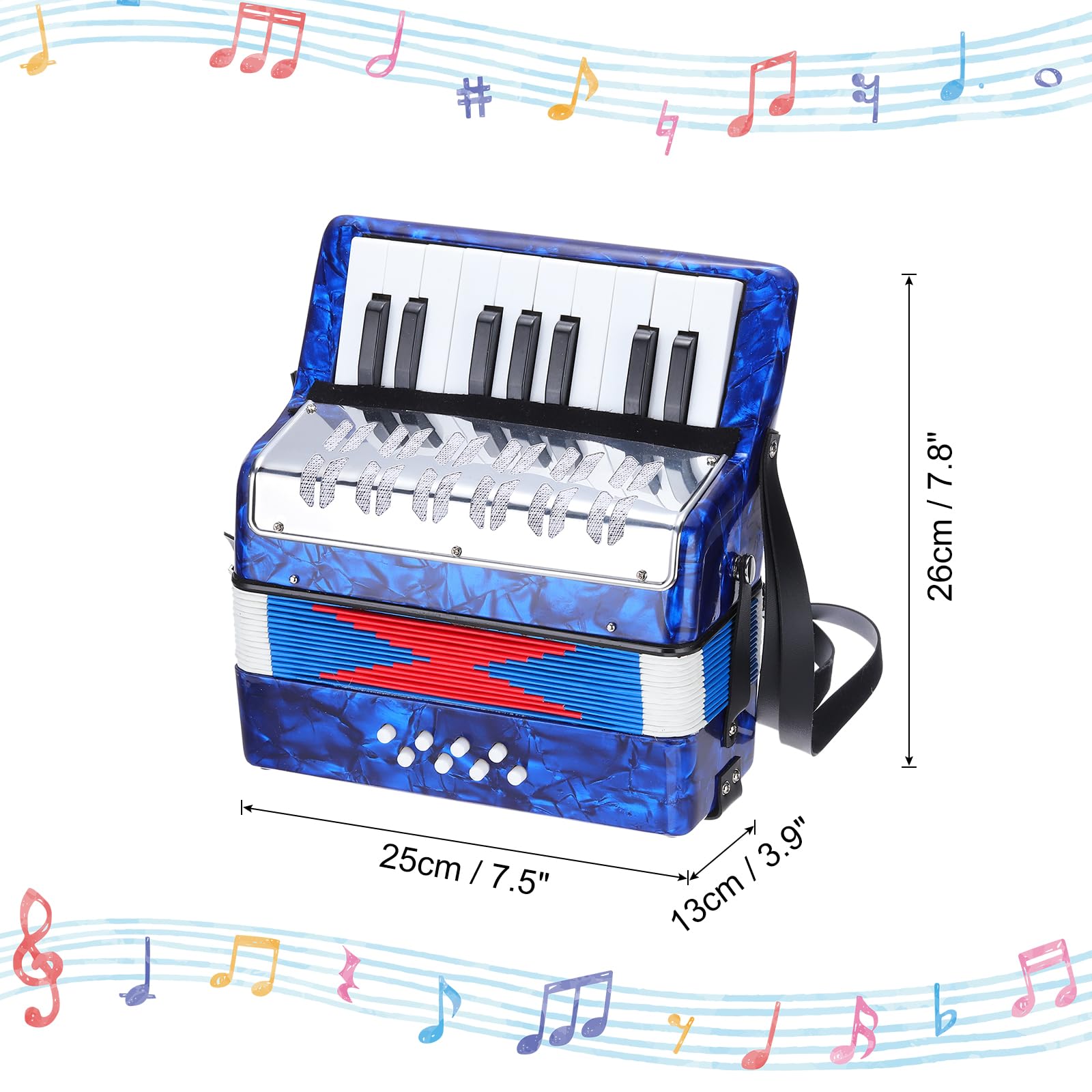 QUARKZMAN Accordion, 17 przycisków, 8 przycisków basowych, akordeon, mini instrument muzyczny, lekki, dla dorosłych, początkujących, do nauki, granatowy