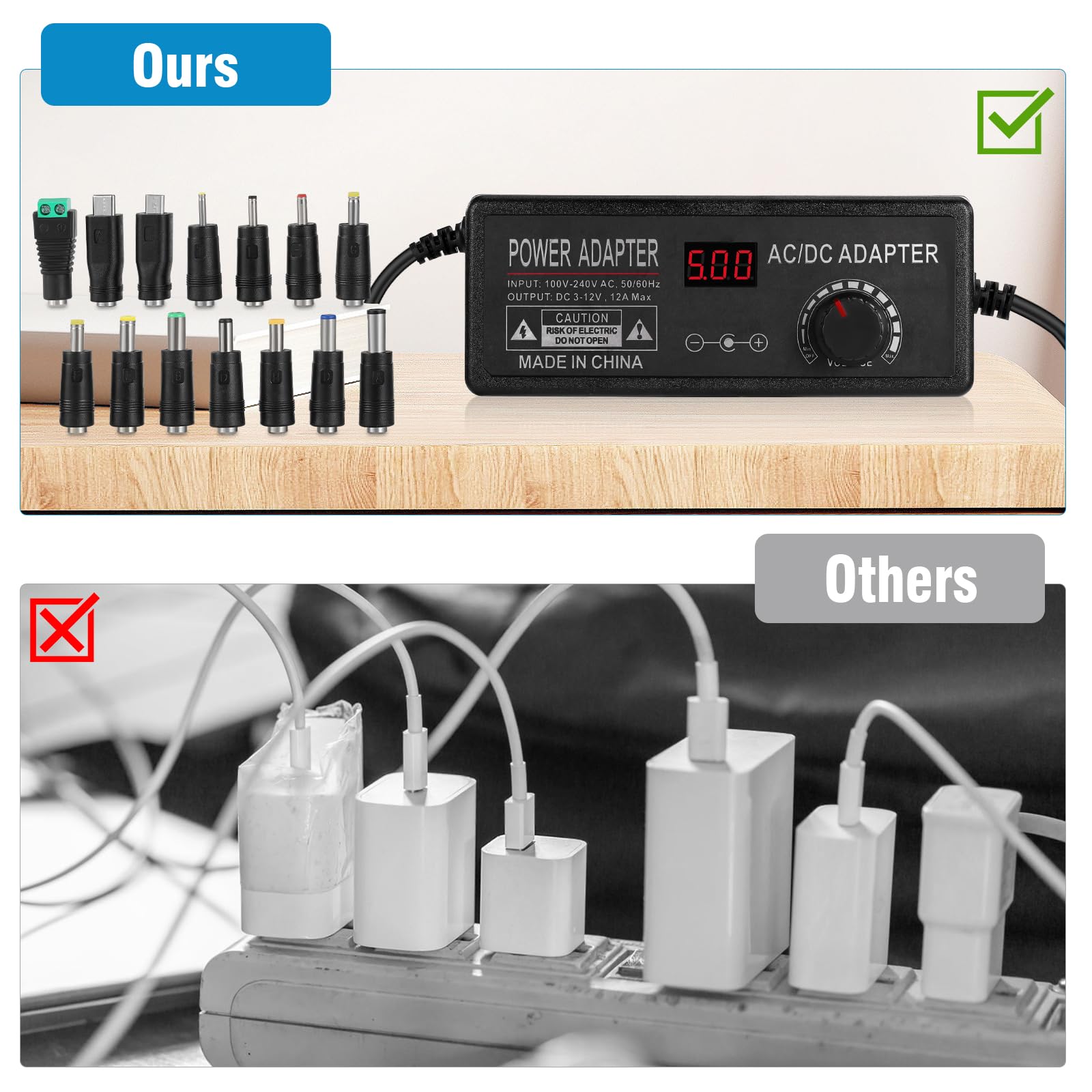 Fuente de alimentación universal de 3 V ~ 12 V 12 A 144 W ajustable variable 3 V 5 V 6 V 9 V 12 V, convertidor de CA a CC de 100 V-240 V con 14 puntas, convertidor de polaridad
