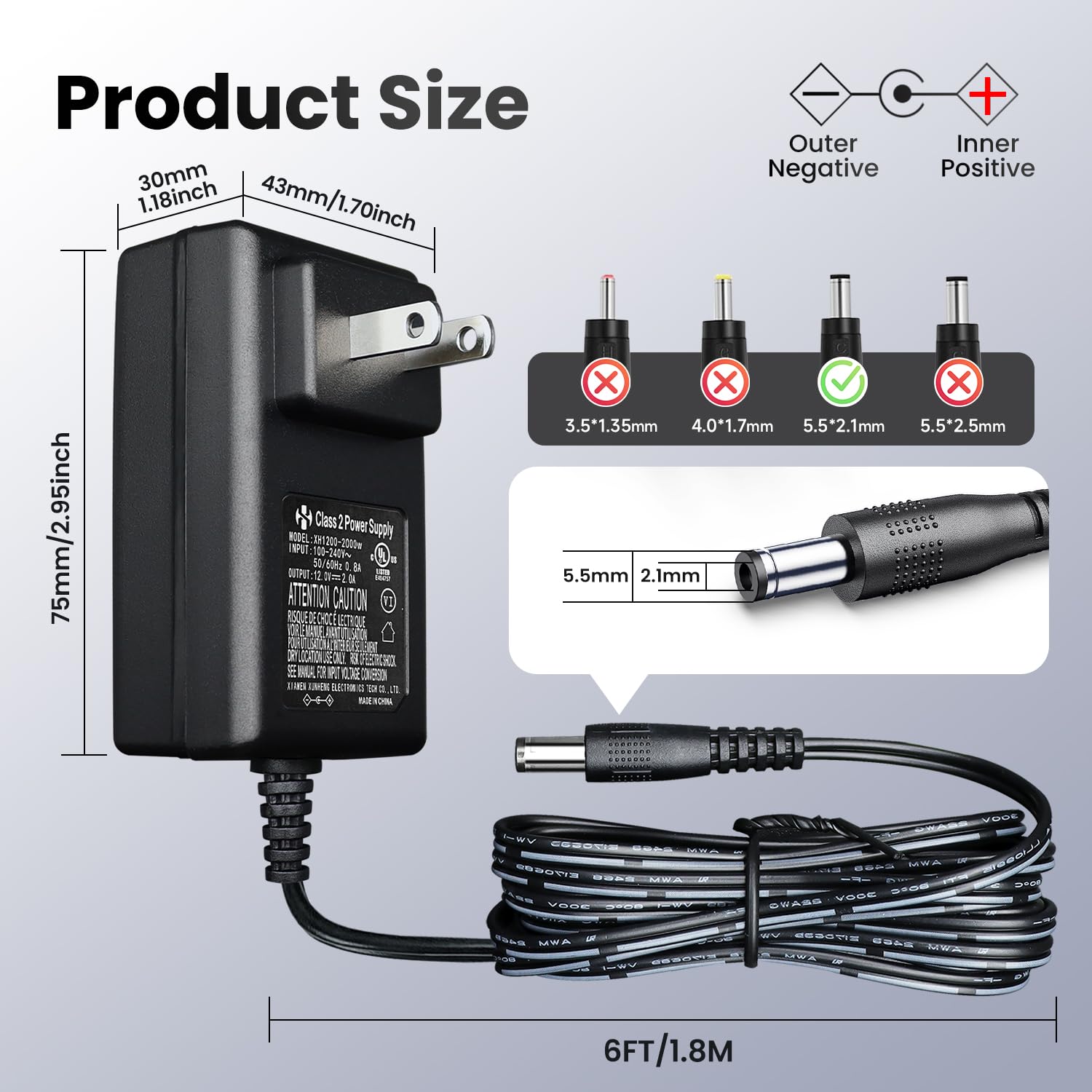 Adattatore di alimentazione regolato da 12 V, 2 A/2000 mA, 100-240 V, 50/60 Hz, AC a DC 24 W, adattatore per strisce LED, tastiera, altoparlante BT, router, monitor, webcam, DVR, NVR, telecamera CCTV,