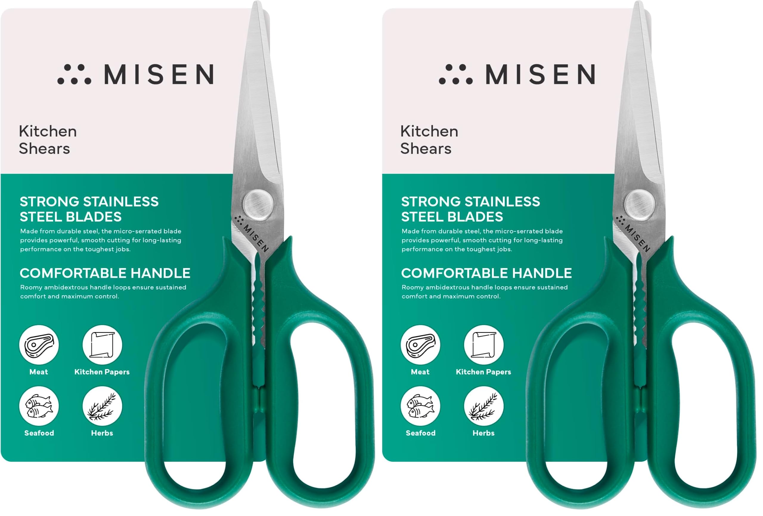 Misen Heavy Duty Kitchen Shears - Comfortable Ambidextrous Scissors for Meat, Poultry, Herbs &amp; More - Easy to Clean - German Stainless Steel - Small | Green (Pack of 2)