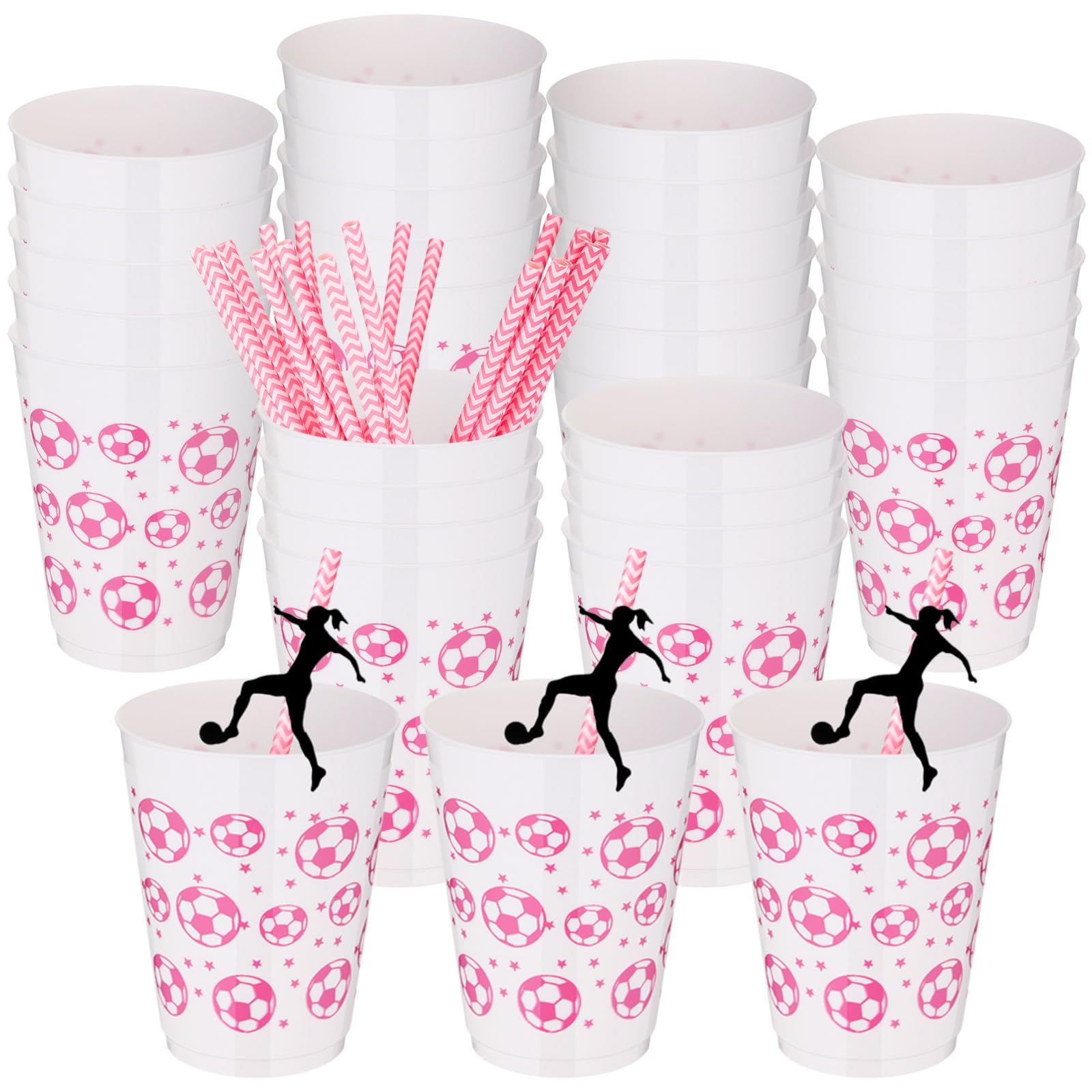 Rtteri 24 Sets Pink Soccer Party Decoration Pink Soccer Cups with Straw 16oz Reusable Plastic Tumbler Sport Themed Party Favors Water Bottle Bulk for
