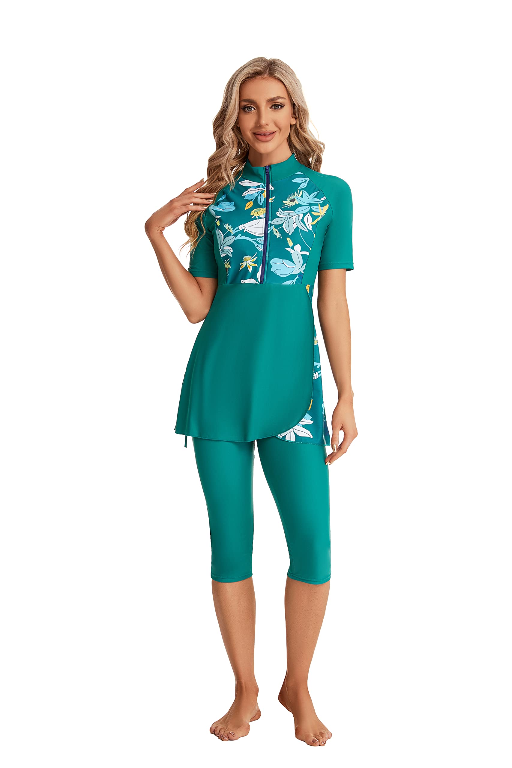 Maillot de Bain pudique Femme à Manches Courtes Imprimé Floral avec Ceinture réglable