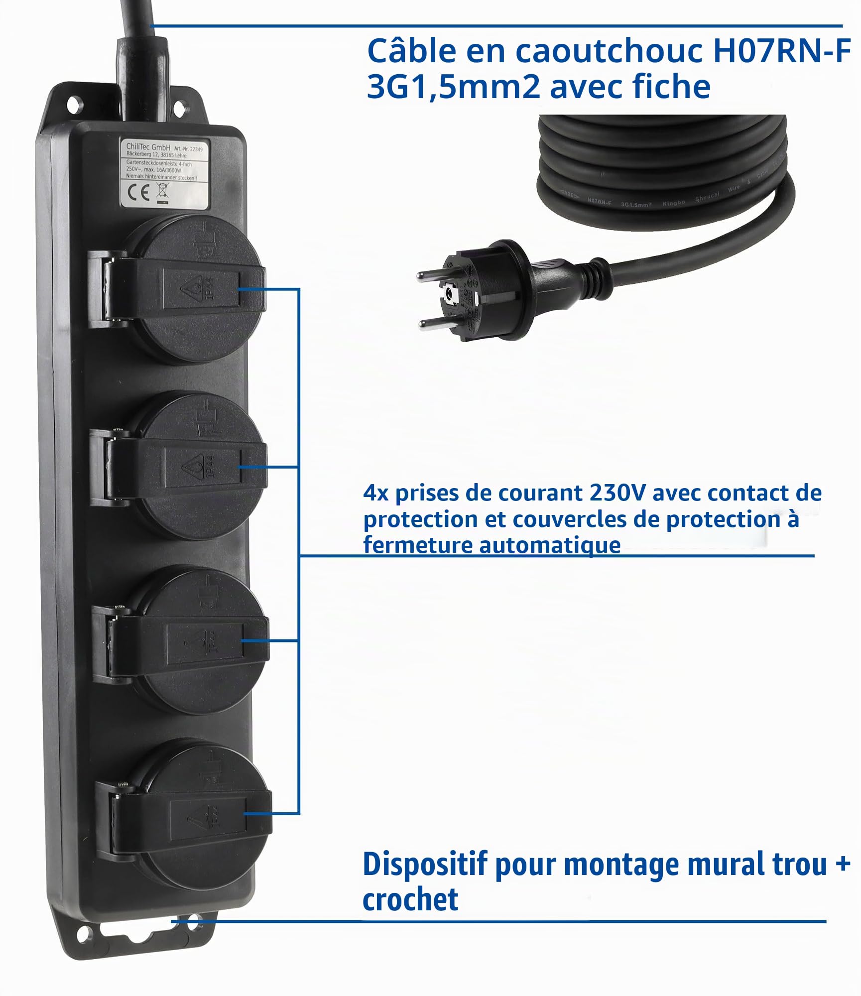 Multiprise 4 voies pour extérieur avec 4 prises de terre, couvercle à charnières de 10m, câble IP44 Multiprise pour intérieur et extérieur 230 V 16 A, noir