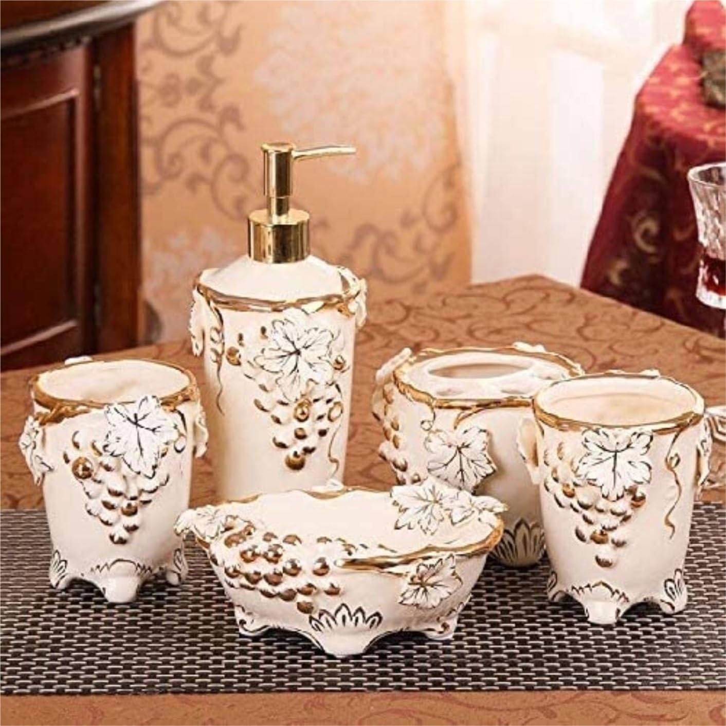 Set Dispensador Jabón Juego De 5 Accesorios para Baño, Jabonera, Botella Loción, Vaso, Soporte para Cepillo Dientes Baño