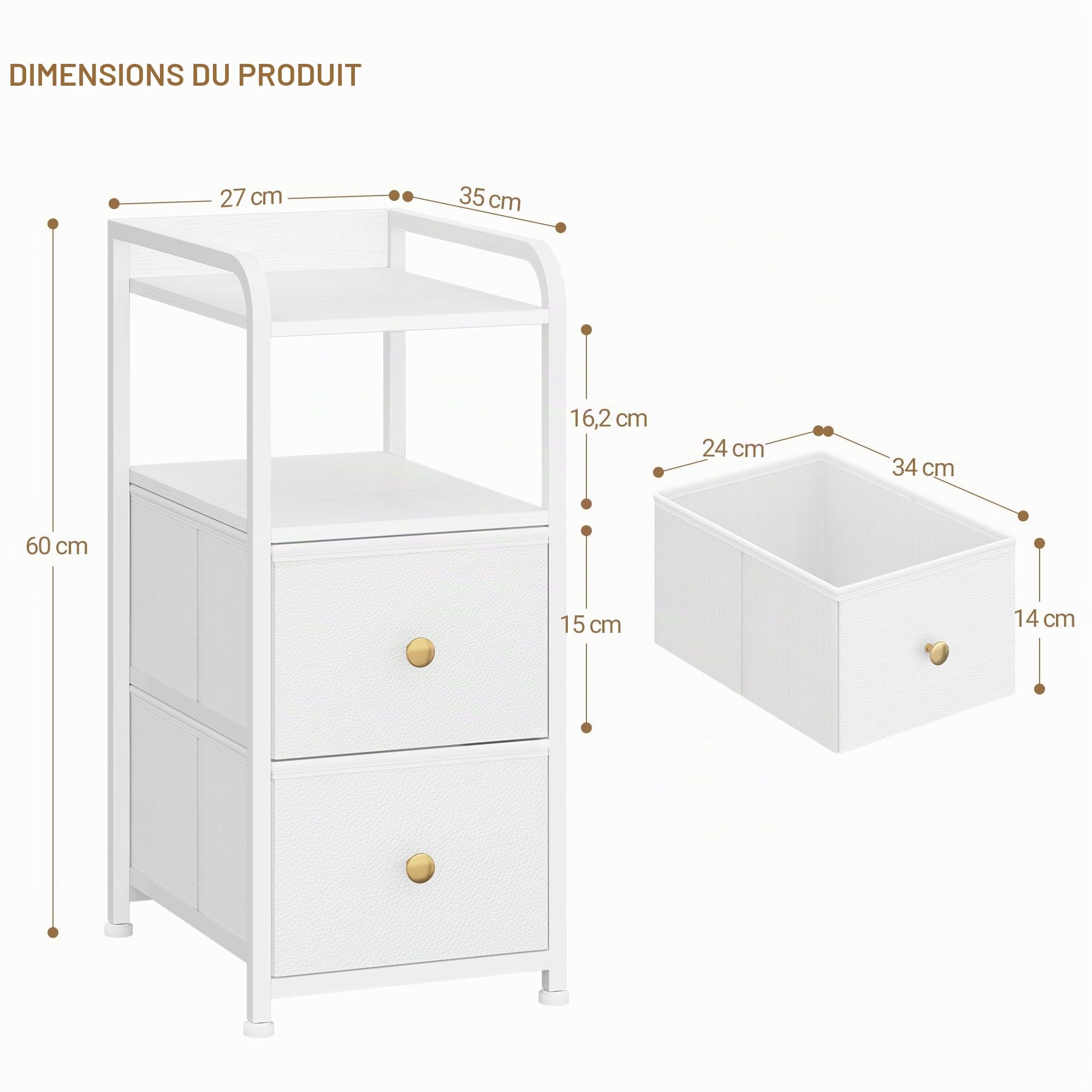 Hzuaneri Table de Chevet, Tables d'Appoint Étroite avec 2 Tiroirs en Tissu