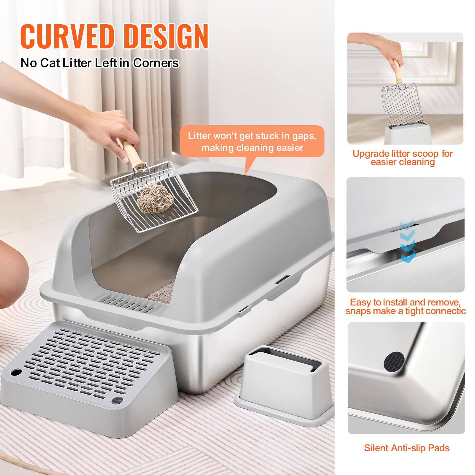 VEVOR Stainless Steel Cat Litter with Lid, XL Extra Large Enclosed Cat Litter Box for Big Cats, High Sides Metal Litter Box, Anti Leakage,Odor-Free & Easy Cleaning,Include Scoop & Foot Board - image 3