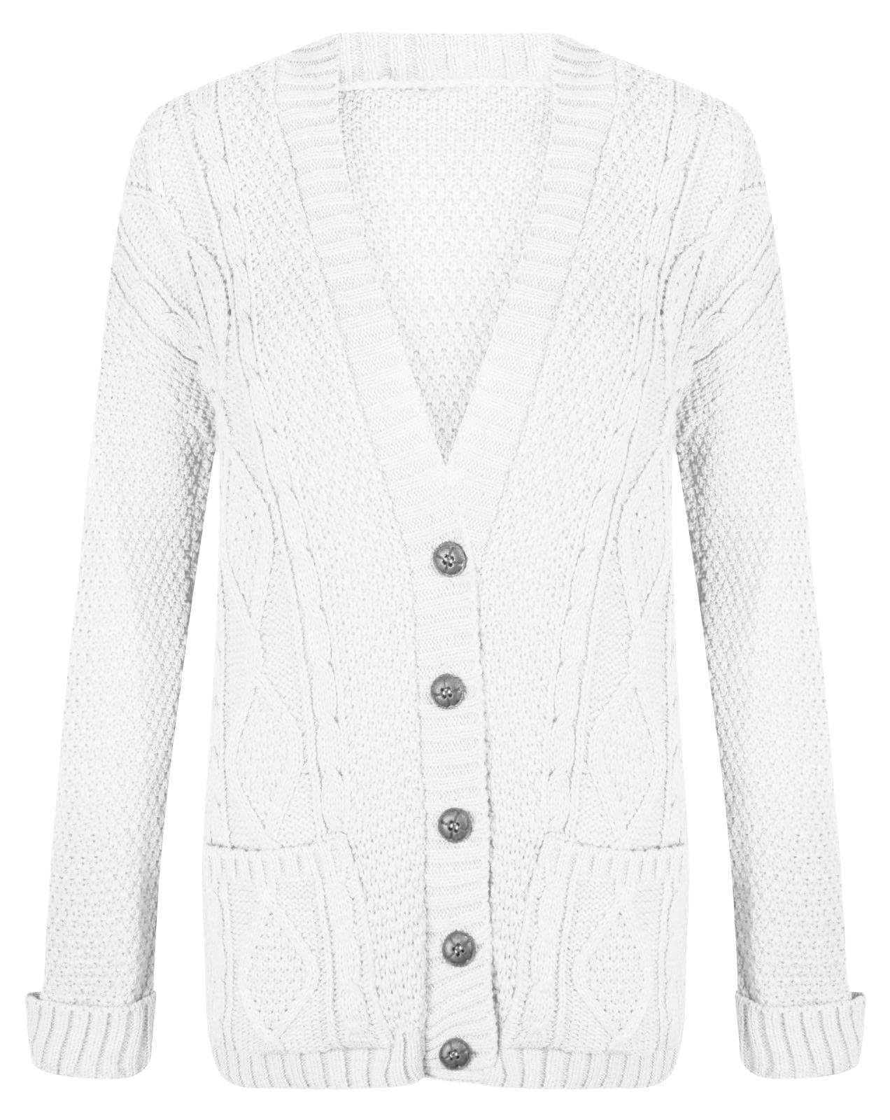 Hamishkane® Ladies Long Sleeve Cardigans, Womens Chunky Knit Jumpers, Warm Cable Knitwear Women, V-Neck Cardigans for Women UK, Grandad Winter Long Cardigan with Buttons White